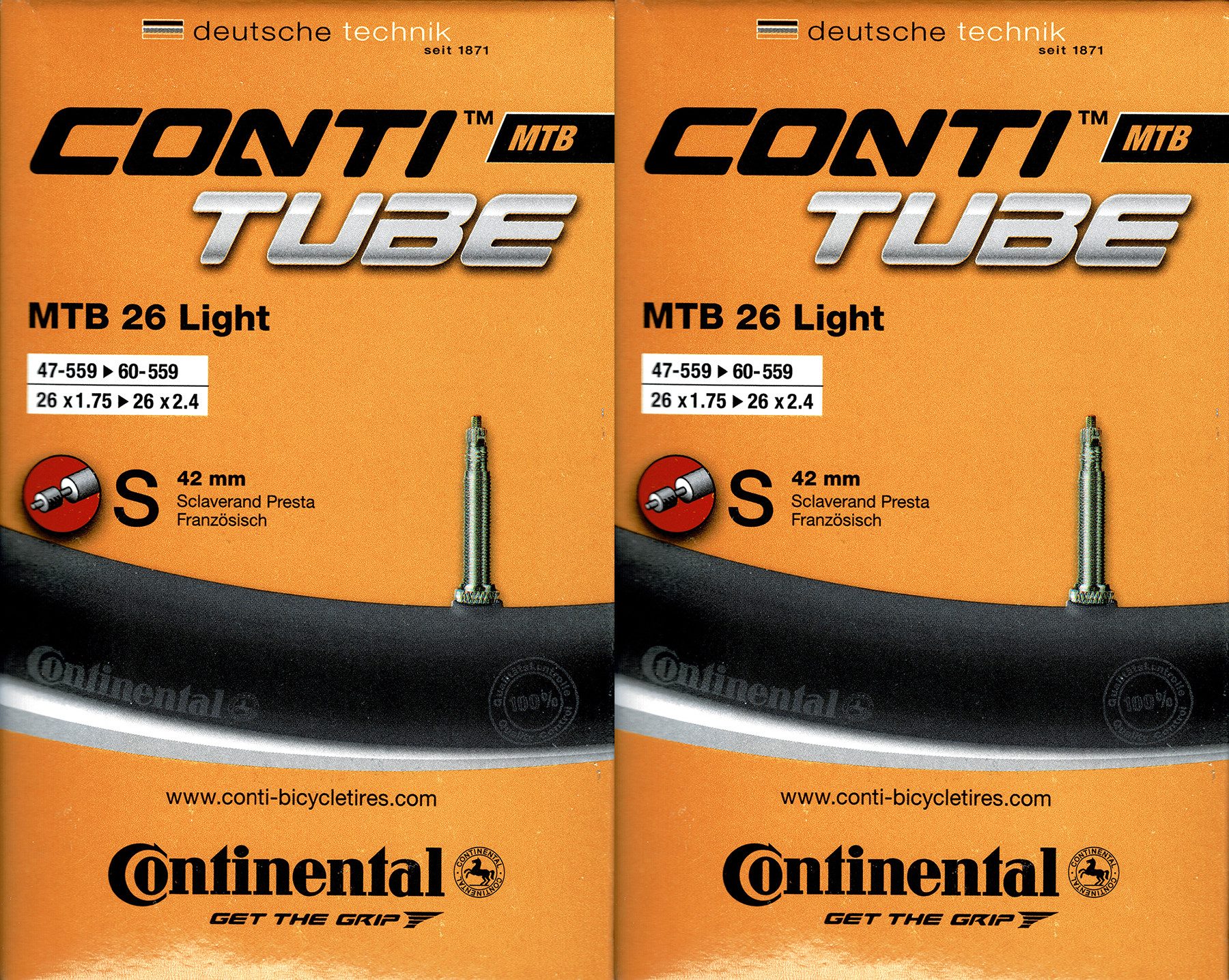 Fahrradschlauch 2x Continental MTB 26 Light Schlauch 26 Zoll SV (47/62-559) SV 42mm