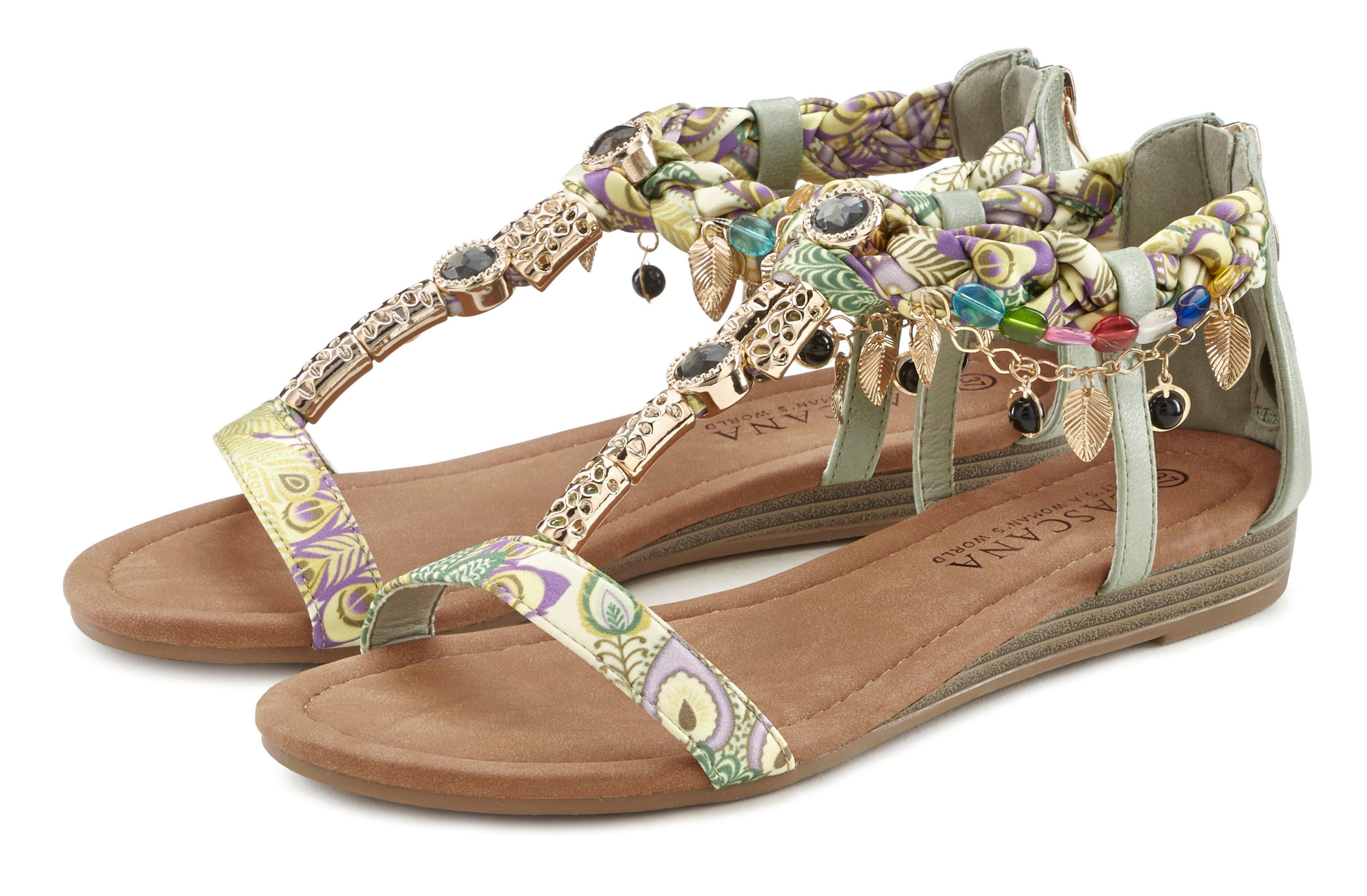 LASCANA Sandale Sandalette, mit Schmucksteinen Schmuckkettchen grün VEGAN Sommerschuh und