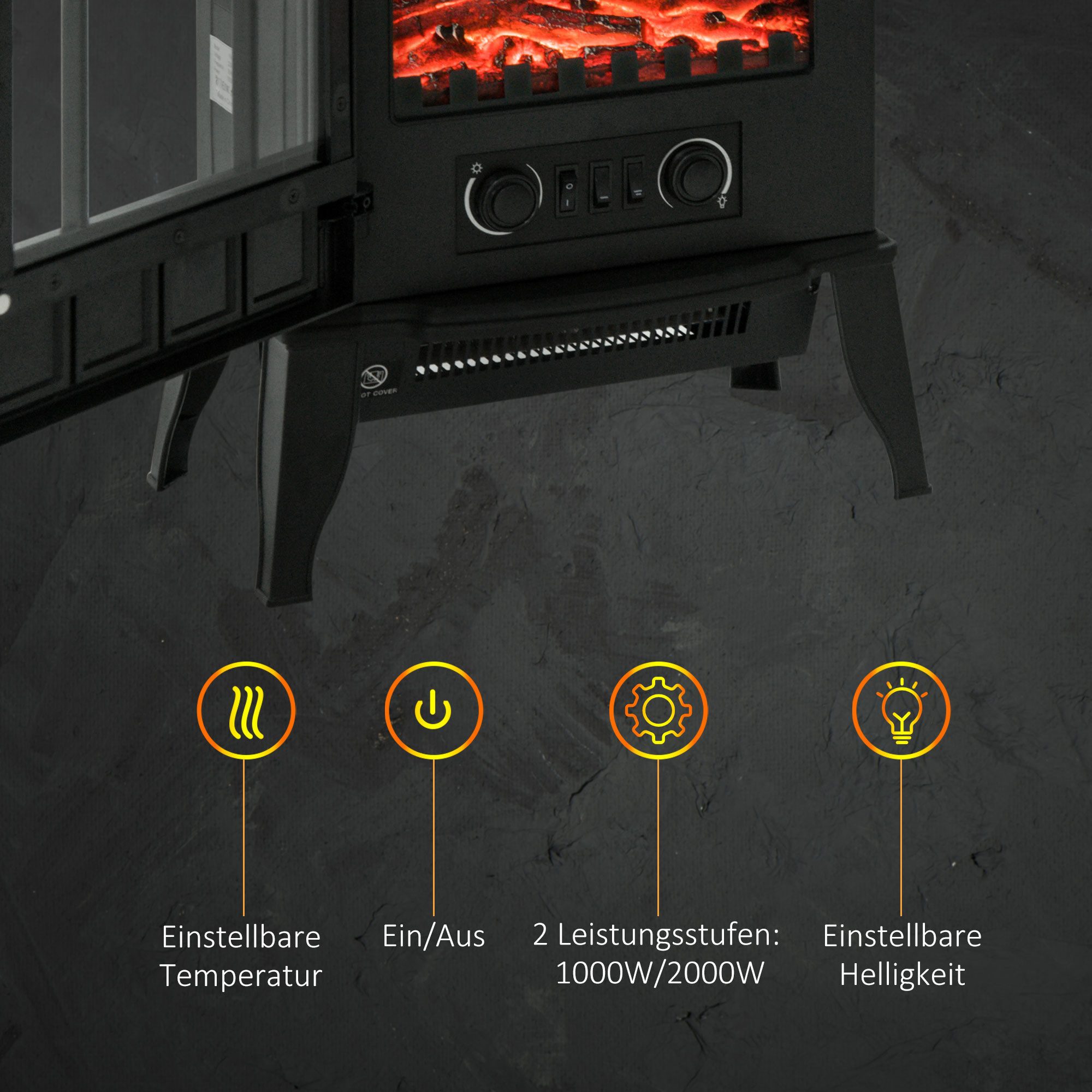 HOMCOM Elektrokamin Elektrischer Kamin mit LED Flammeneffekt, Kaminofen, Schwarz, Einstellbare Flammenhelligkeit – Bild 5 von 5