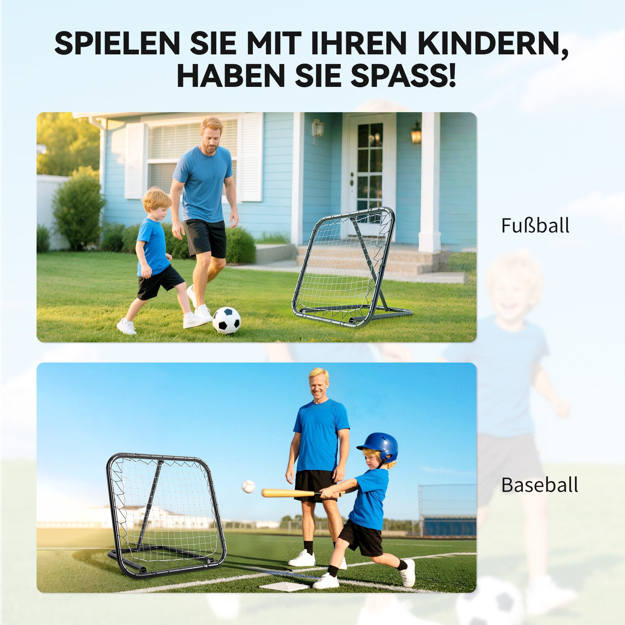 HOMCOM Rebounder Fußball klappbar Kickback Tor Rückprallwand Netz, (Rückprallwand Netz, 1-St., Kickback Tor), für Baseball Basketball Verstellbar in 5 Stufen Metall