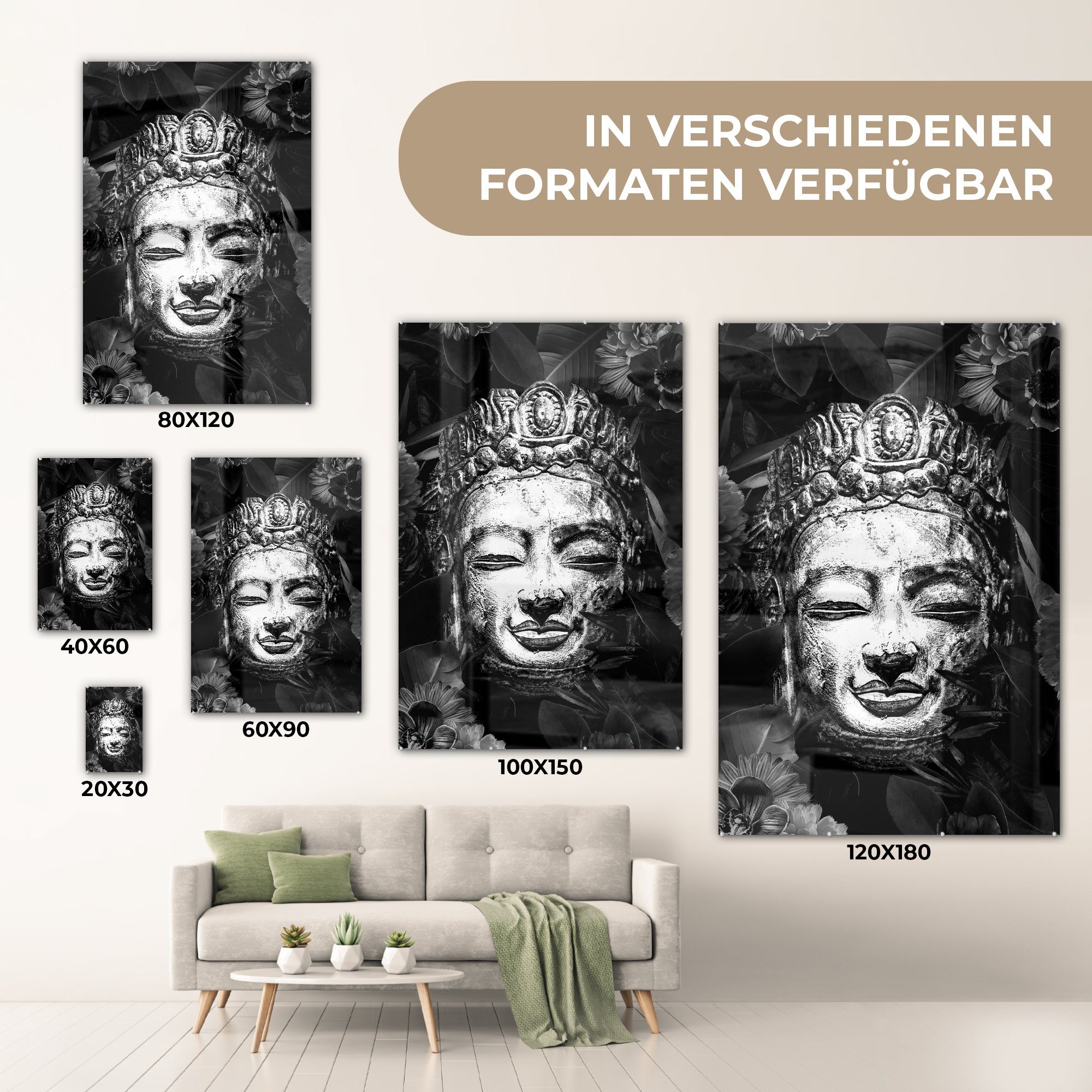 mit und Glasbilder Kopf (1 - Rauher - Blättern Wanddekoration bunt Blumen eines Buddhas auf schwarz Acrylglasbild - Bilder und MuchoWow Wandbild St), - weiß, Glas auf Glas Foto