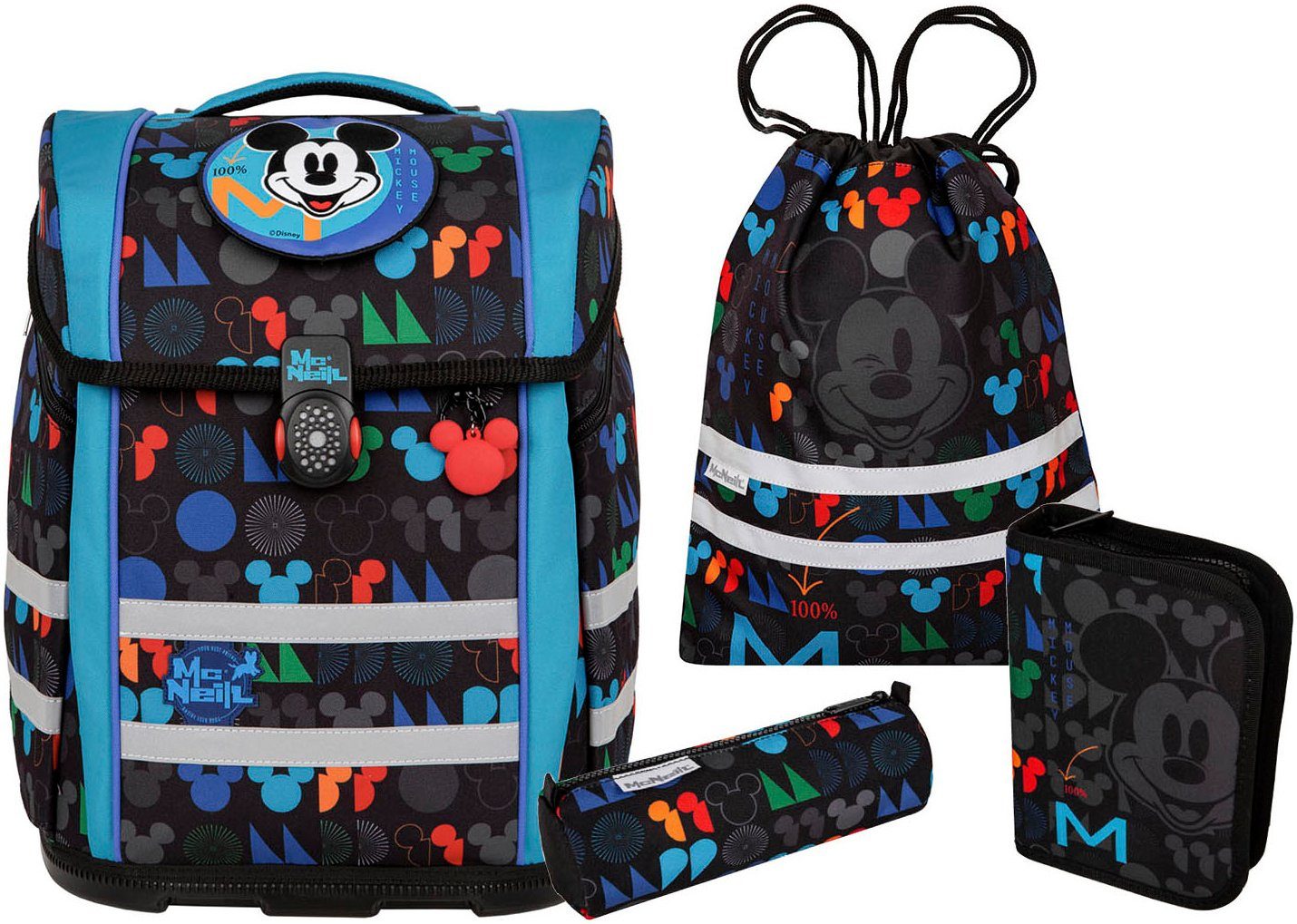 McNeill Schulranzen Perfecto, Disney, Mickey Mouse (Set, 5-tlg), inkl. Federmäppchen, Turnbeutel, Schlamperrolle & Motivmagnet