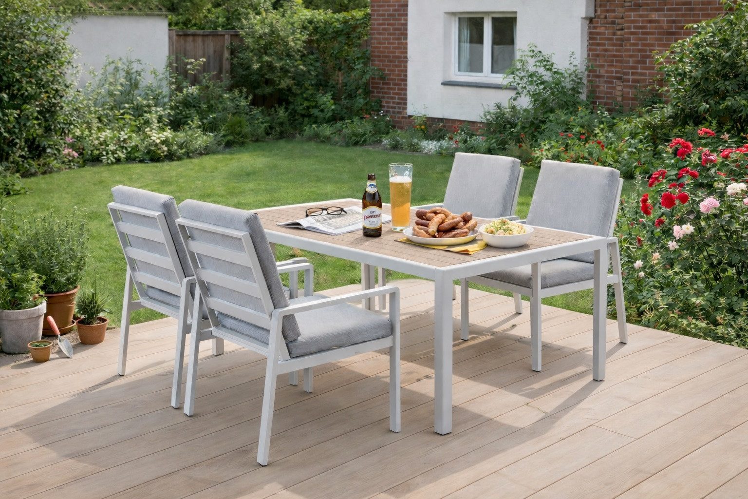 MeXo Gartenlounge-Set Gartenmöbel Set aus Aluminium mit Esstisch, (wetterfest, hoher Sitzkomfort, 5-tlg., bis 140 kg belastbar), mit pflegeleichte Polywood-Tischplatte, geeignet für 4 Personen