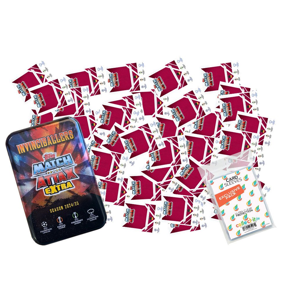 Topps Sammelkarte Champions League 24/25 Ext. 50 versch. Karten +leere Tin Dose +Sleeves