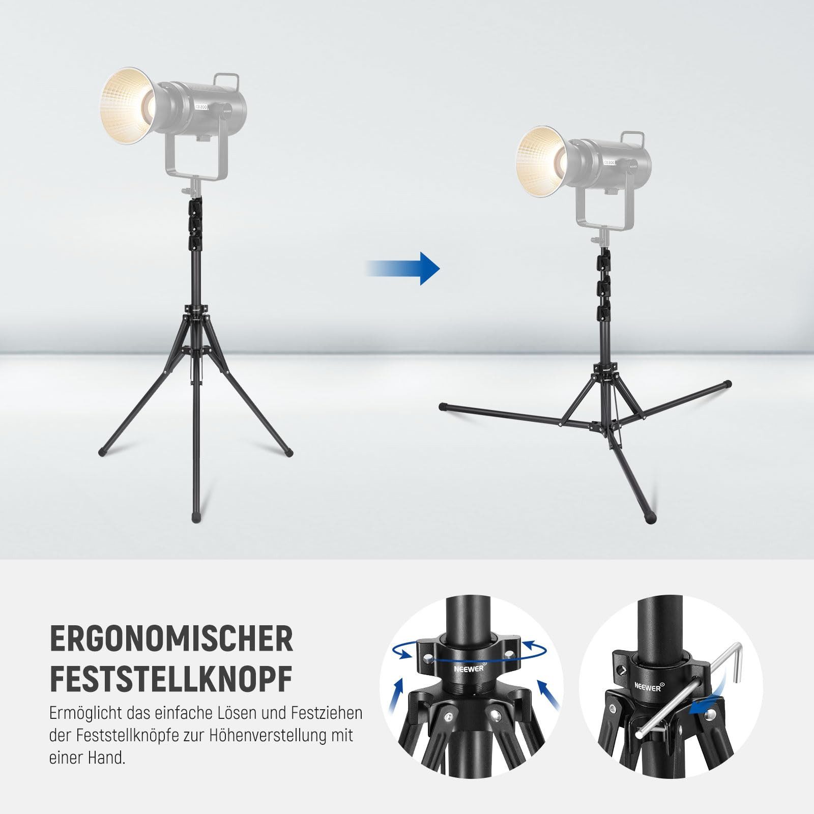Neewer ST178B Lichtstativ 178cm, 180° umkehrbar, für Innen/Außen Fotografie Lampenstativ (hohenverstellbar von 48 bis 178 cm, 1/4" Schraube und 5/8" Bolzen)