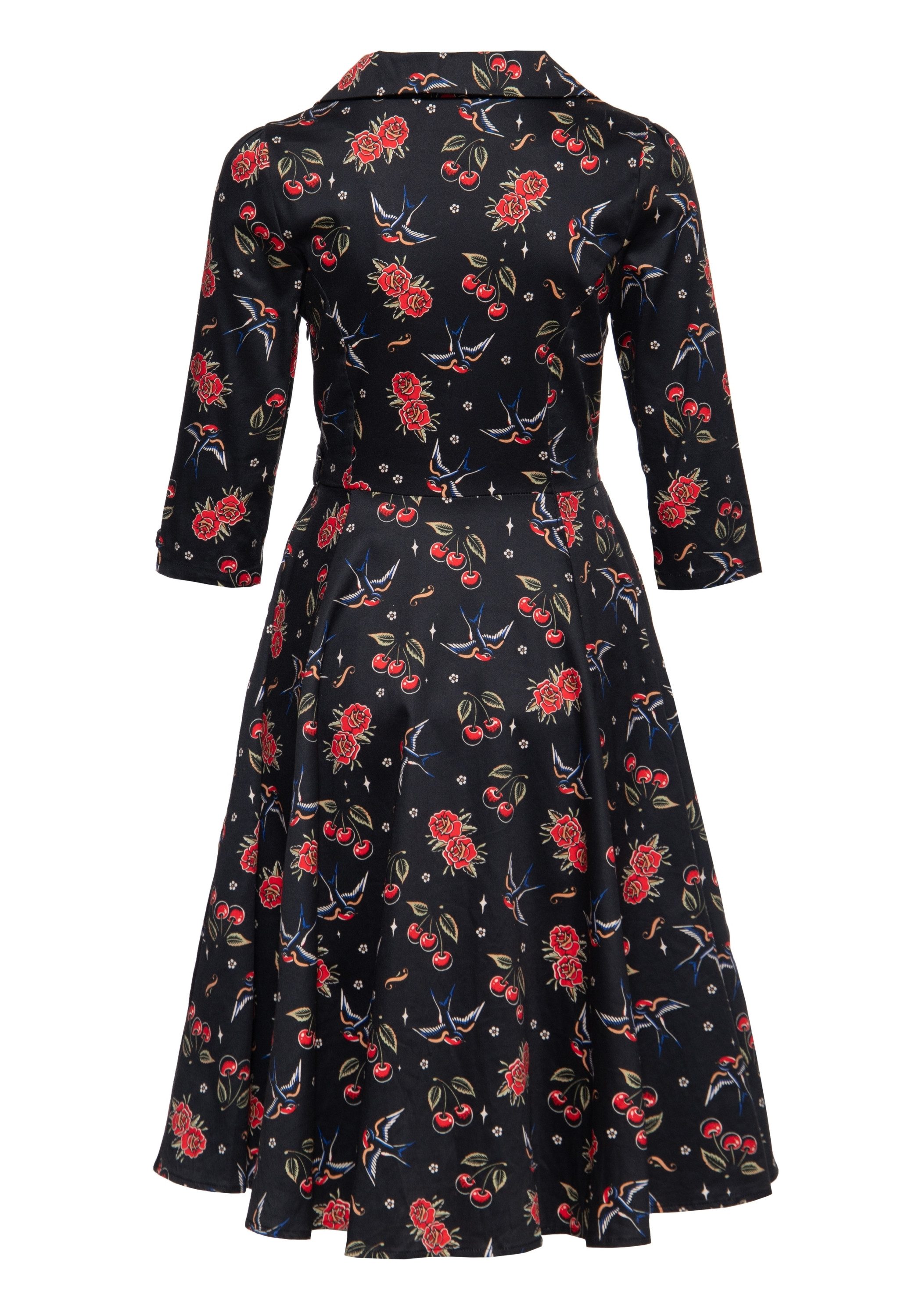 QueenKerosin Hemdblusenkleid cherries & roses Allover-Print mit Schwalben, Rosen und Kirschen – Bild 2 von 5