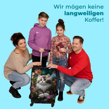 NoBoringSuitcases.com© Koffer Kätzchen - Illustration - Blumen - Natur - Katze 67x43x25cm, 4 Rollen, Mittelgroßer Koffer für Kinder, Trolley