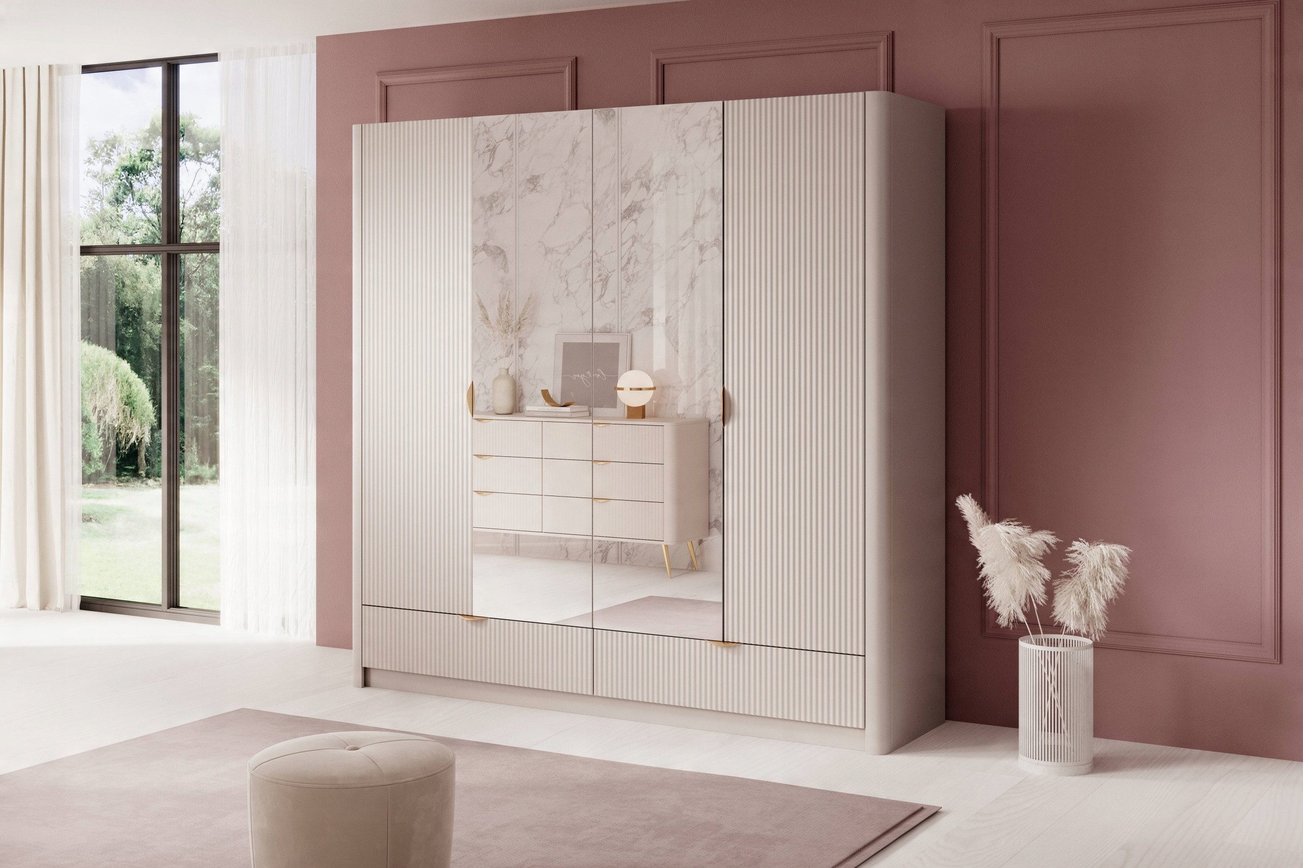 MOEBLO Drehtürenschrank Schrank Pholx H 213 (mit Spiegel und Schubladen, Goldene griffe, Kleiderschrank 4-türig Schrank Garderobe Schlafzimmer) (BxHxT):213x208x54 cm