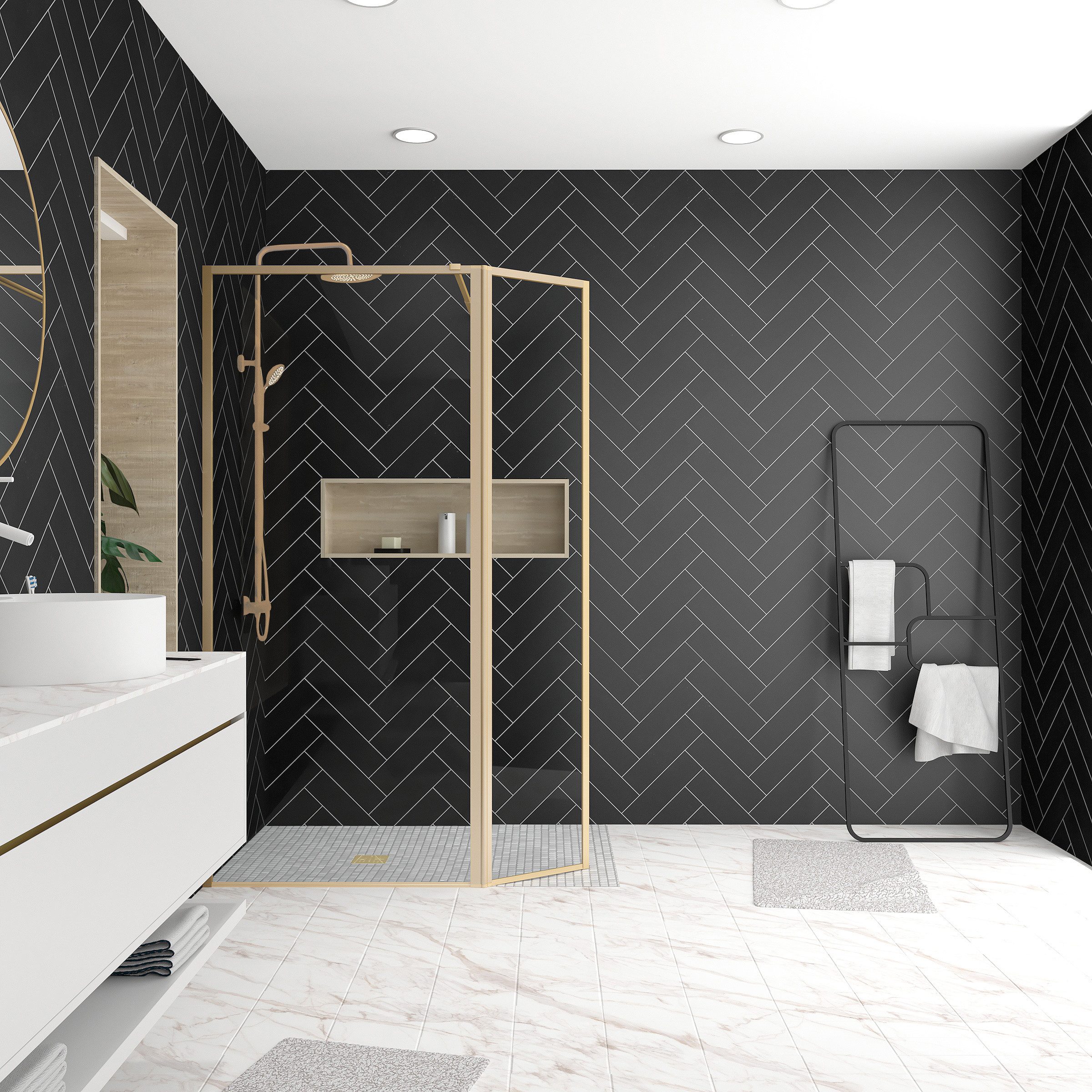 Marwell Walk-in-Dusche Golden Frame, Einscheibensicherheitsglas, 180° schwenkbare Flügeltür, Aluminiumrahmen in gebürsteter Goldoptik