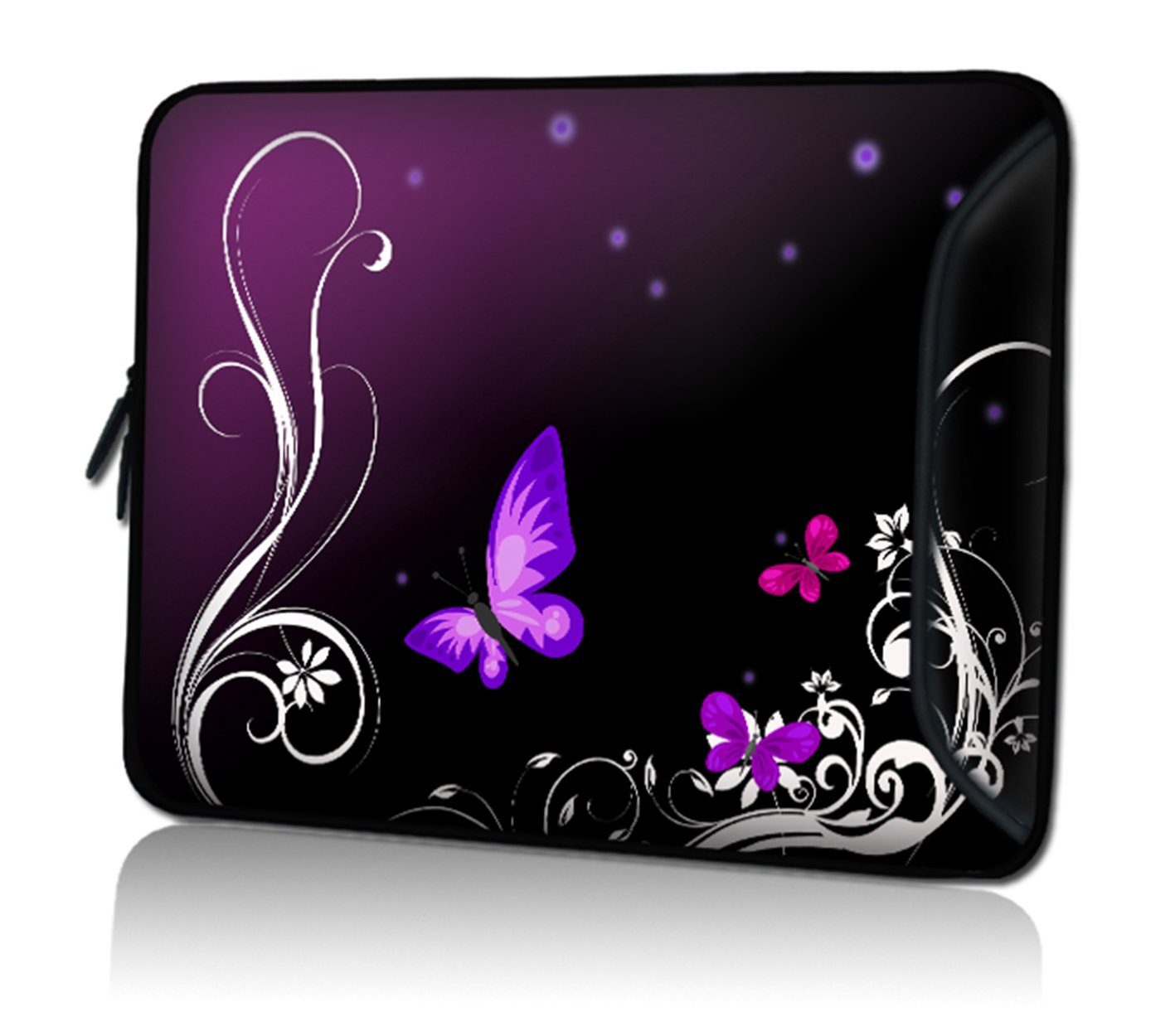 wortek Laptoptasche für Laptops bis 15,4", Schmetterling Schwarz Lila, Wasserabweisend, inkl. Zubehörfach