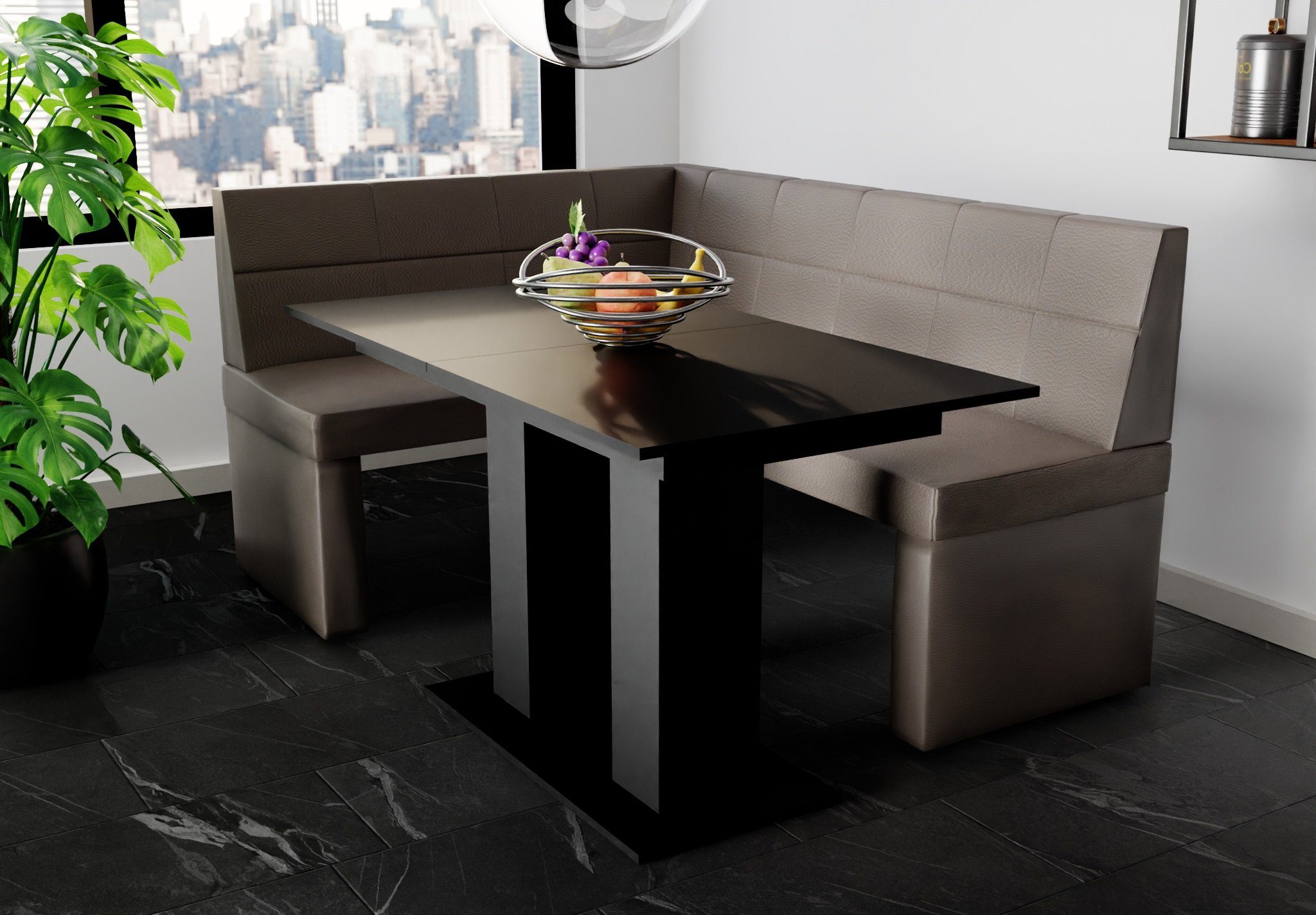 Schwarz 196x142cm mit ausziehbarer XL“ Möbel Fun Eckbankgruppe matt, Tisch Eckbankgruppe Größe „BLAKE Tisch
