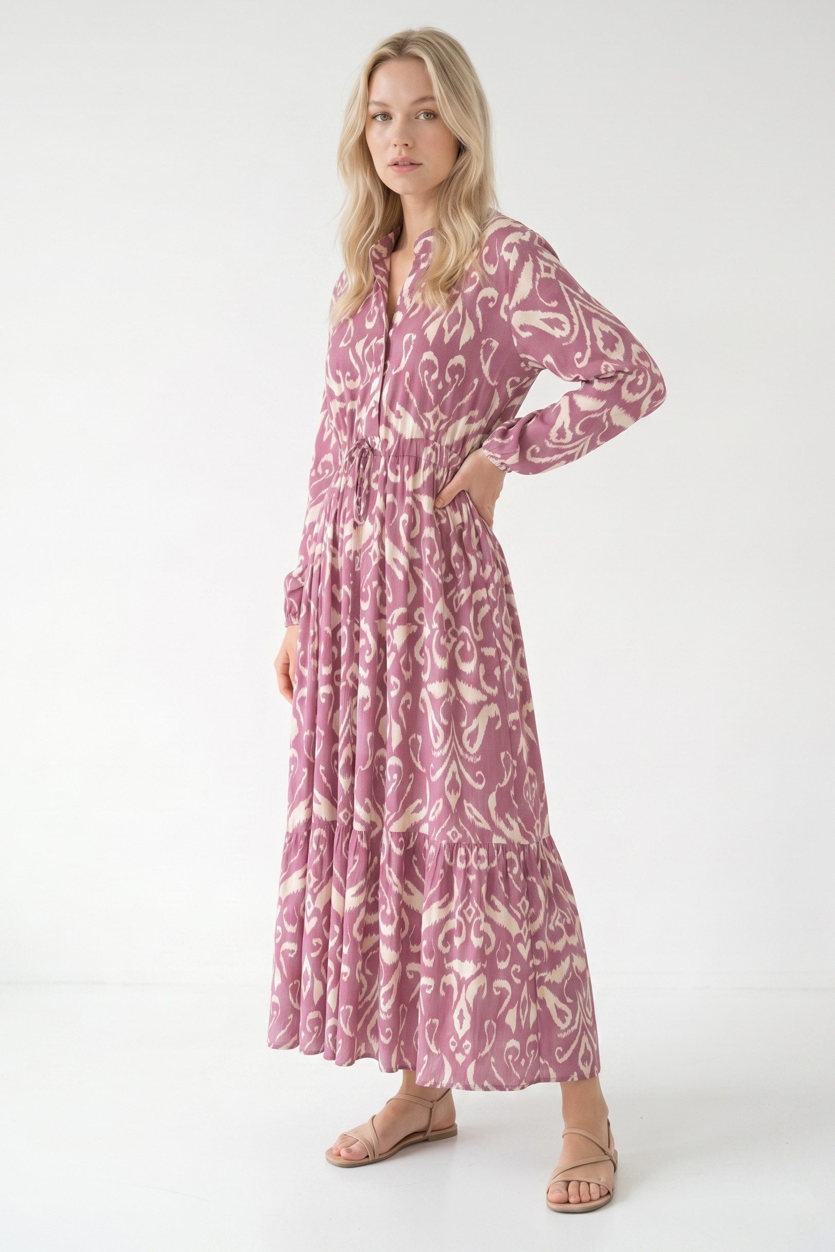 Kendindza Collection Sommerkleid Sommerkleid Damen Lang Viskose Elegantes Maxikleid lang Maxi Kleid Ikat-Print Knopfleiste & Schnurbund, Luftig Leicht