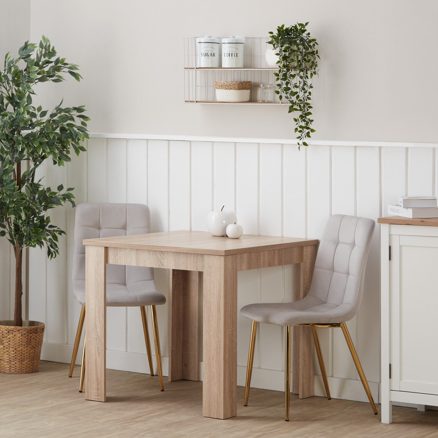 Homestyle4u Essgruppe Esstisch 80x80 + 2 Stühle beige Samt Weiß