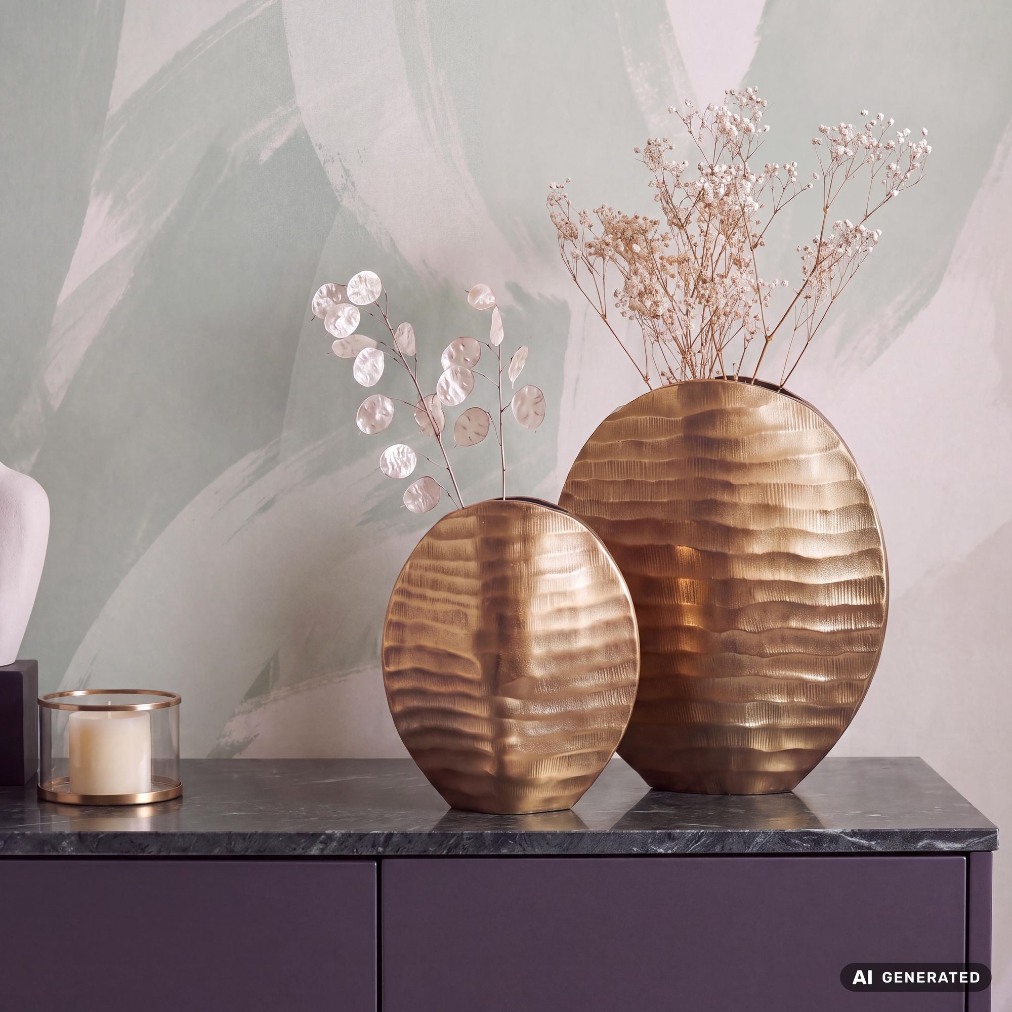FINEBUY Tischvase FB65112 Vase 2er Set Blumenvase Aluminium Dekovase Rund Wellenmuster (Vase 2er Set Aluminium Gold Modern Wellenmuster), Blumenvase 2-teilig, Dekovase Wohndeko Tischdeko