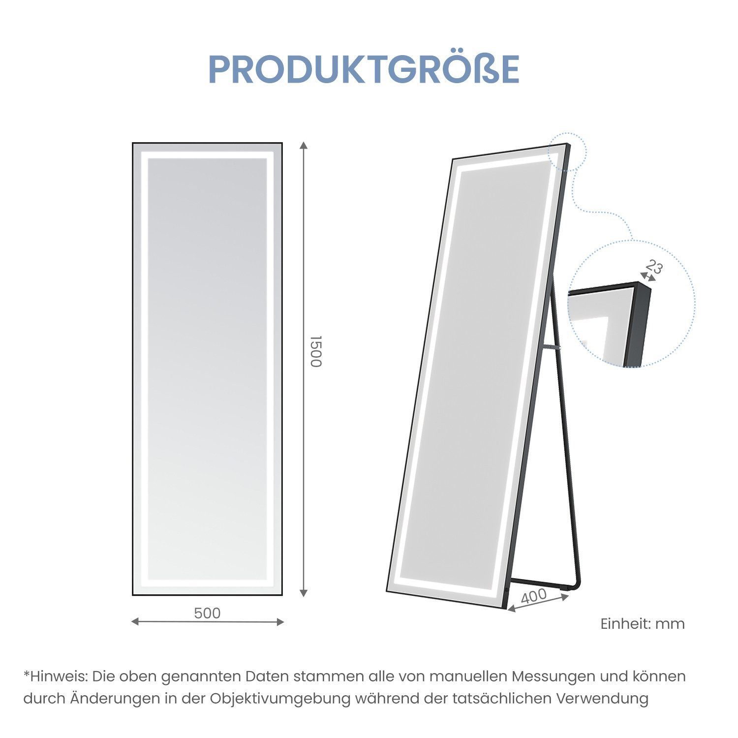 AQUALAVOS Standspiegel Spiegel Ganzkörperspiegel mit LED Beleuchtung 50x150 cm Standspiegel, mit Kaltweiße Lichtfarbe 6400k, Boden/an der Wand befestigter