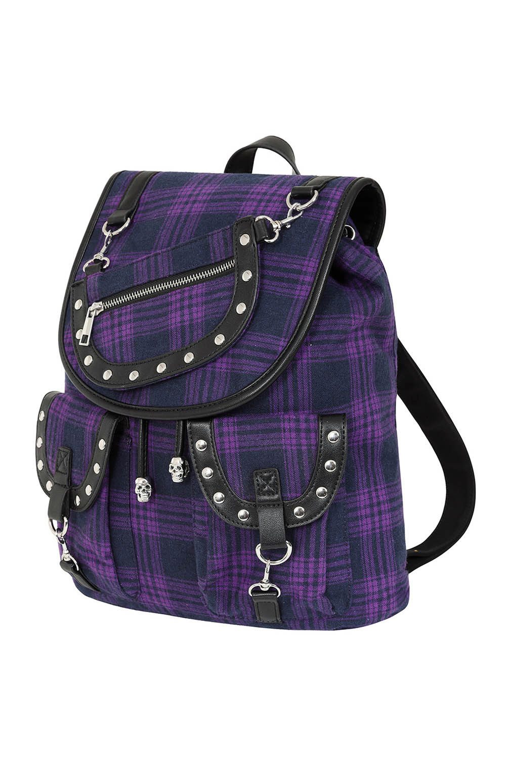 Banned Rucksack Yami Kariert Violett, Backpack Nieten Punk Gothic