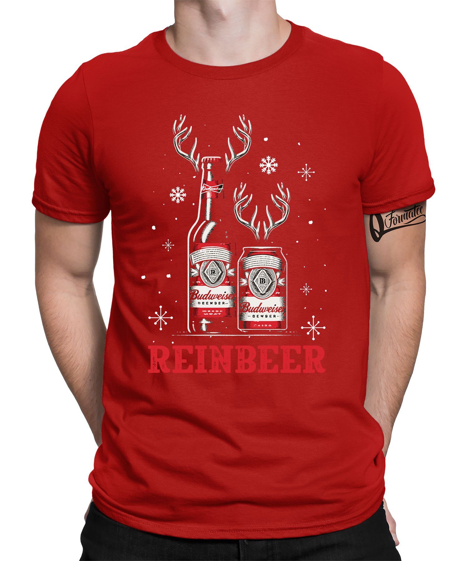 Quattro Formatee Kurzarmshirt Reinbeer Bier - Weihnachten X-mas Weihnachtsgeschenk Herren T-Shirt (1-tlg) Rot