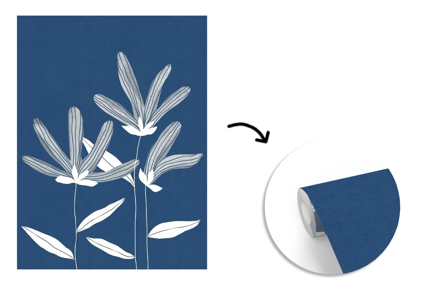 Natur, MuchoWow - Matt, Blau Wohnzimmer, Fototapete St), Pflanzen bedruckt, Tapete (4 für - Montagefertig Wandtapete Blumen - Vinyl