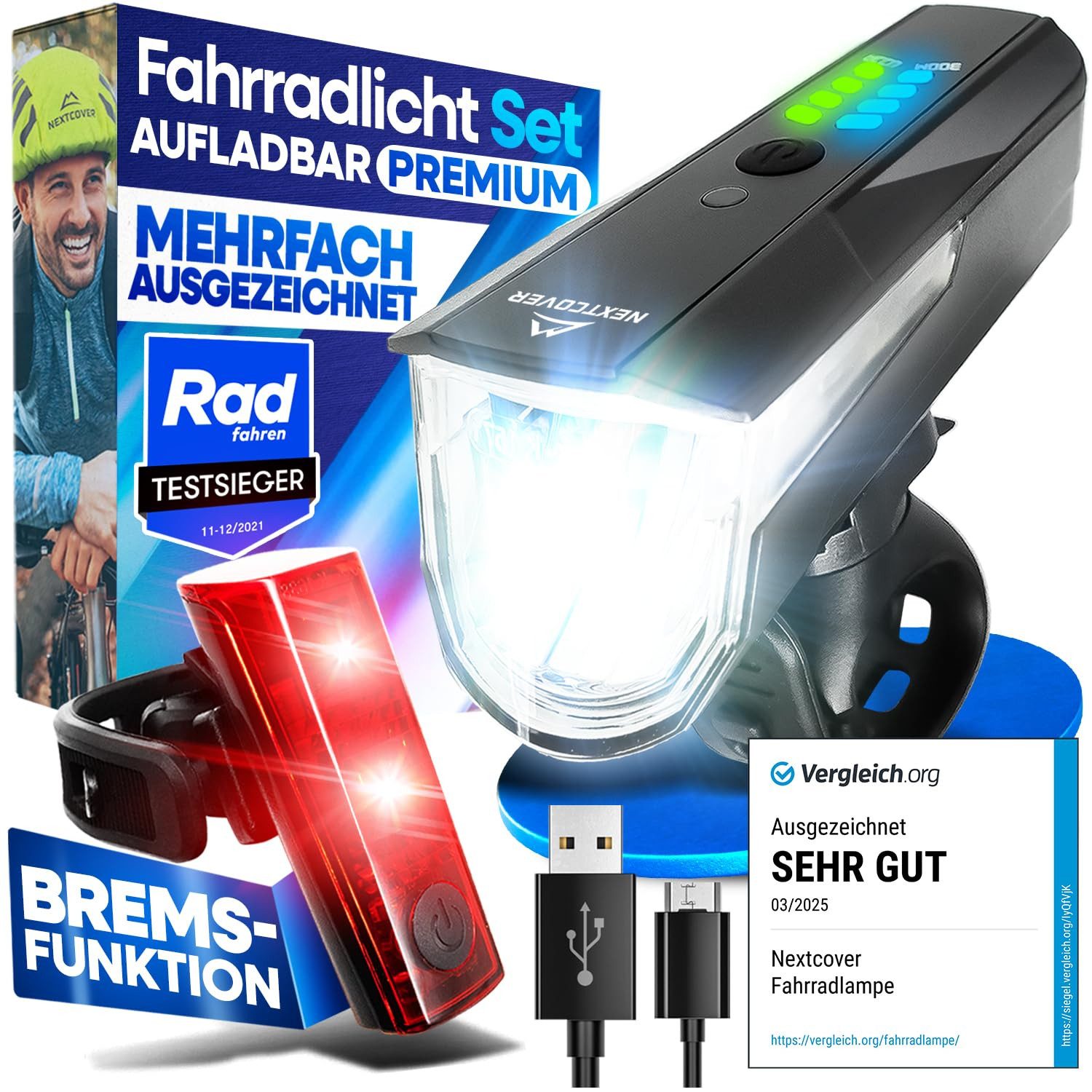 Nextcover Fahrradbeleuchtung LightSense Set mit Lichtsensor & Akku, StVZO, LED vorne & hinten