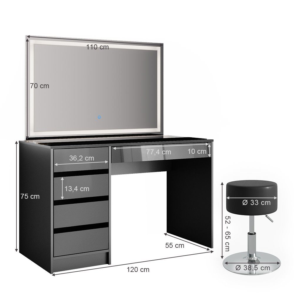 Vicco Schminktisch Sherry, Anthrazit Hochglanz, 120 cm mit LED-Spiegel und Hocker (3-St)