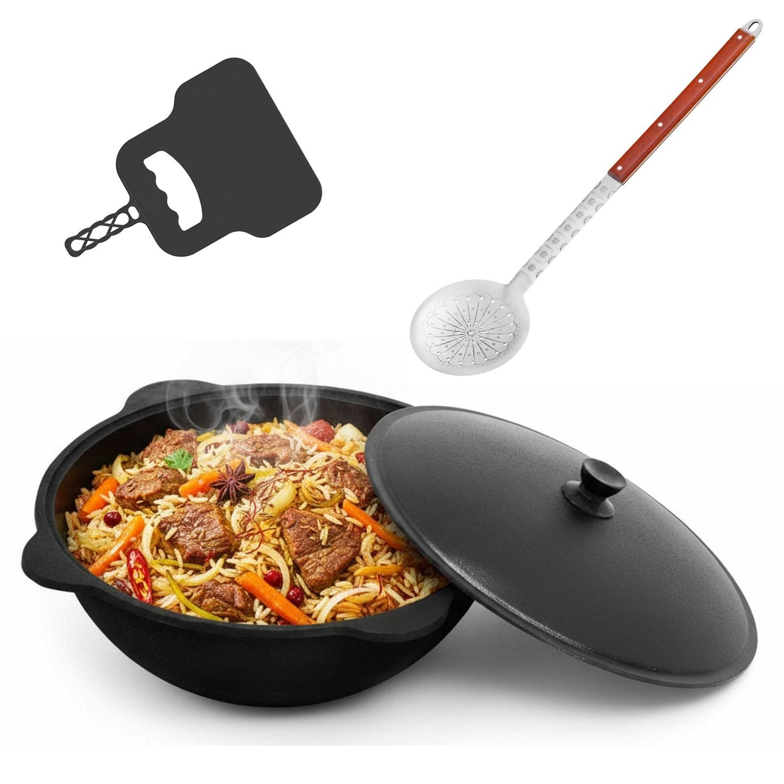 BIG-PAN Wok 16L Kazan Gusseisen mit Aluminium Deckel Schwenktopf Zubehör Camping