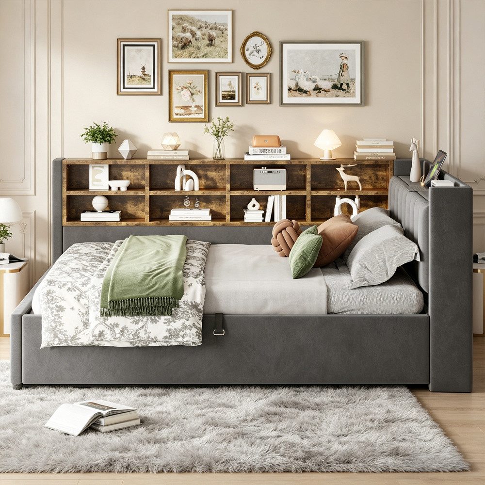 OKWISH Schlafsofa Kinderbett, mit hydraulischem Stauraum, Nachtlicht, USB- & Typ-C-Ladeanschluss und Ablagen, Polsterbett, Gepolstertes Samtsofa 140x200 cm, ohne Matratze