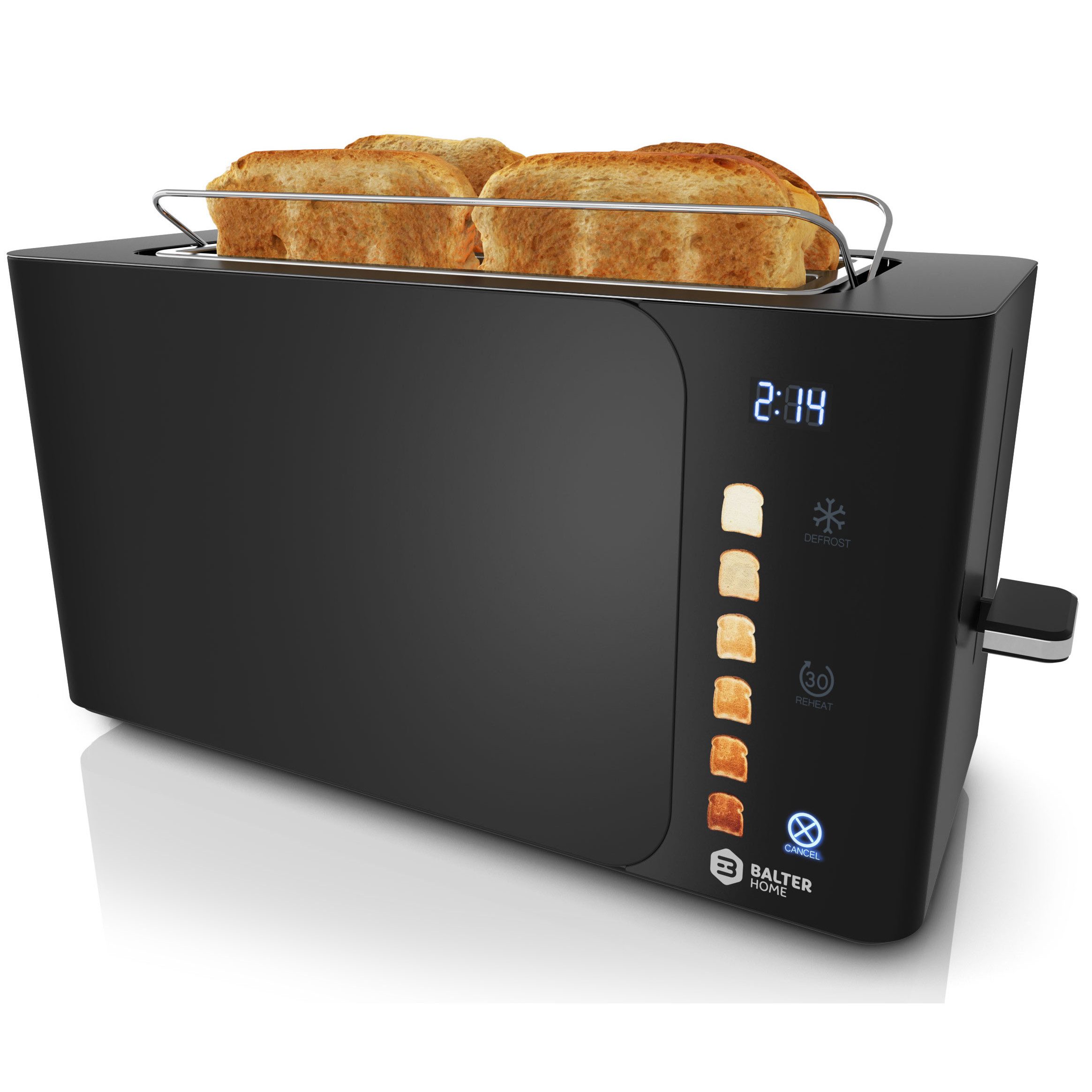 Toaster 4 Scheiben, Langschlitz, Edelstahl, Brötchenaufsatz, Schwarz