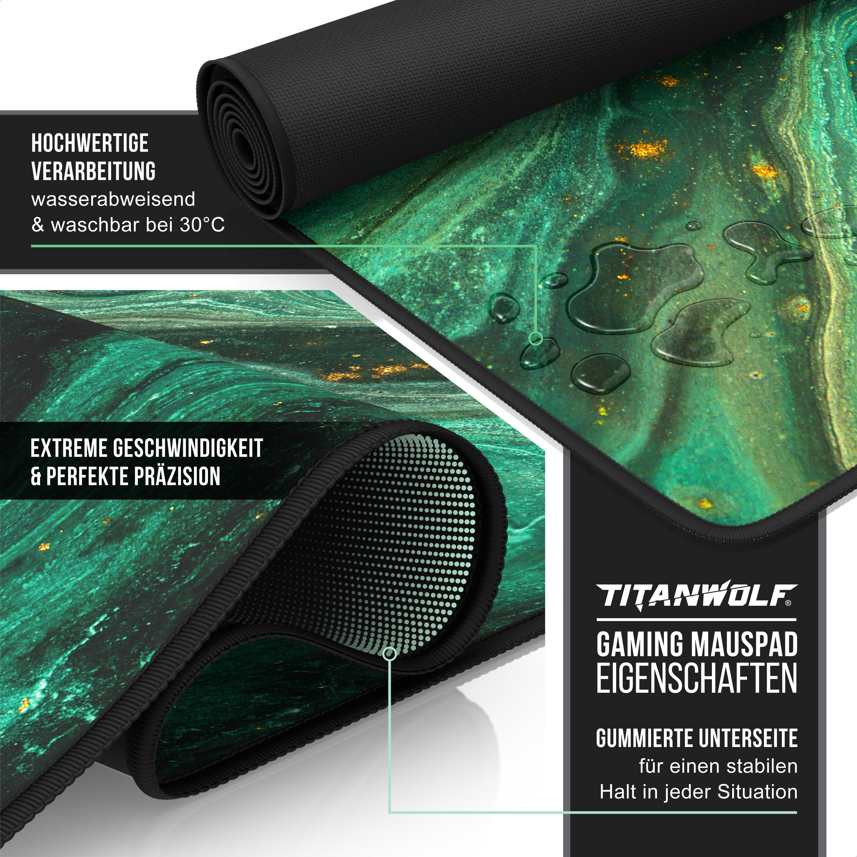 Titanwolf Gaming Mauspad XXXL Speed Mousepad 1200 x 600 x 3 mm, große Schreibtischauflage, rutschfest, abwaschbar, Geschwindigkeit & Präzision, Marmor Grün Gold