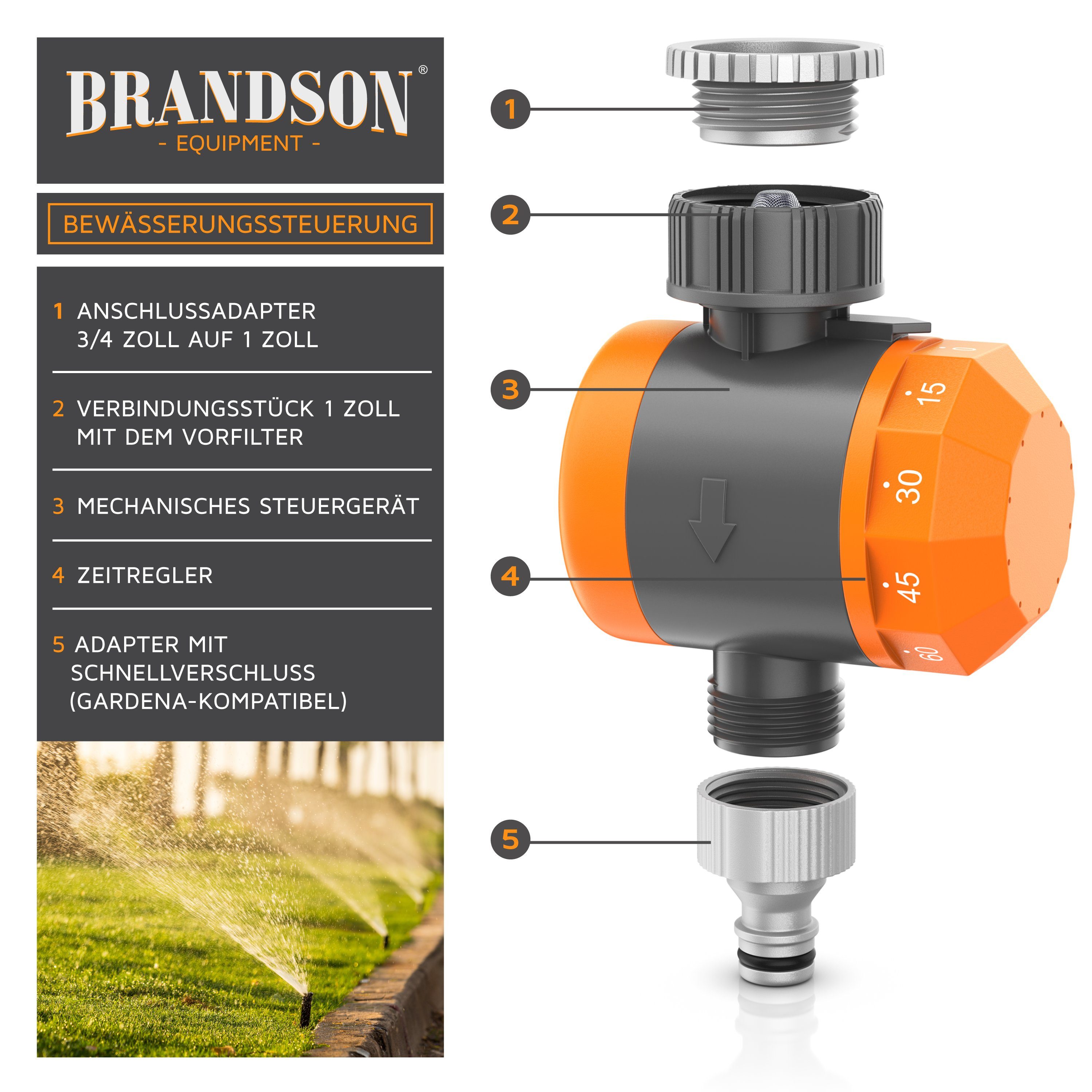Brandson Bewässerungssteuerung Bewässerungsuhr, Wasserzeitschaltuhr, automatisch, Timer 15 - 120 Min., (Set, 2-tlg., inkl. 1/2" Adapter (3/4"1/2", Schnellversch – Bild 4 von 5