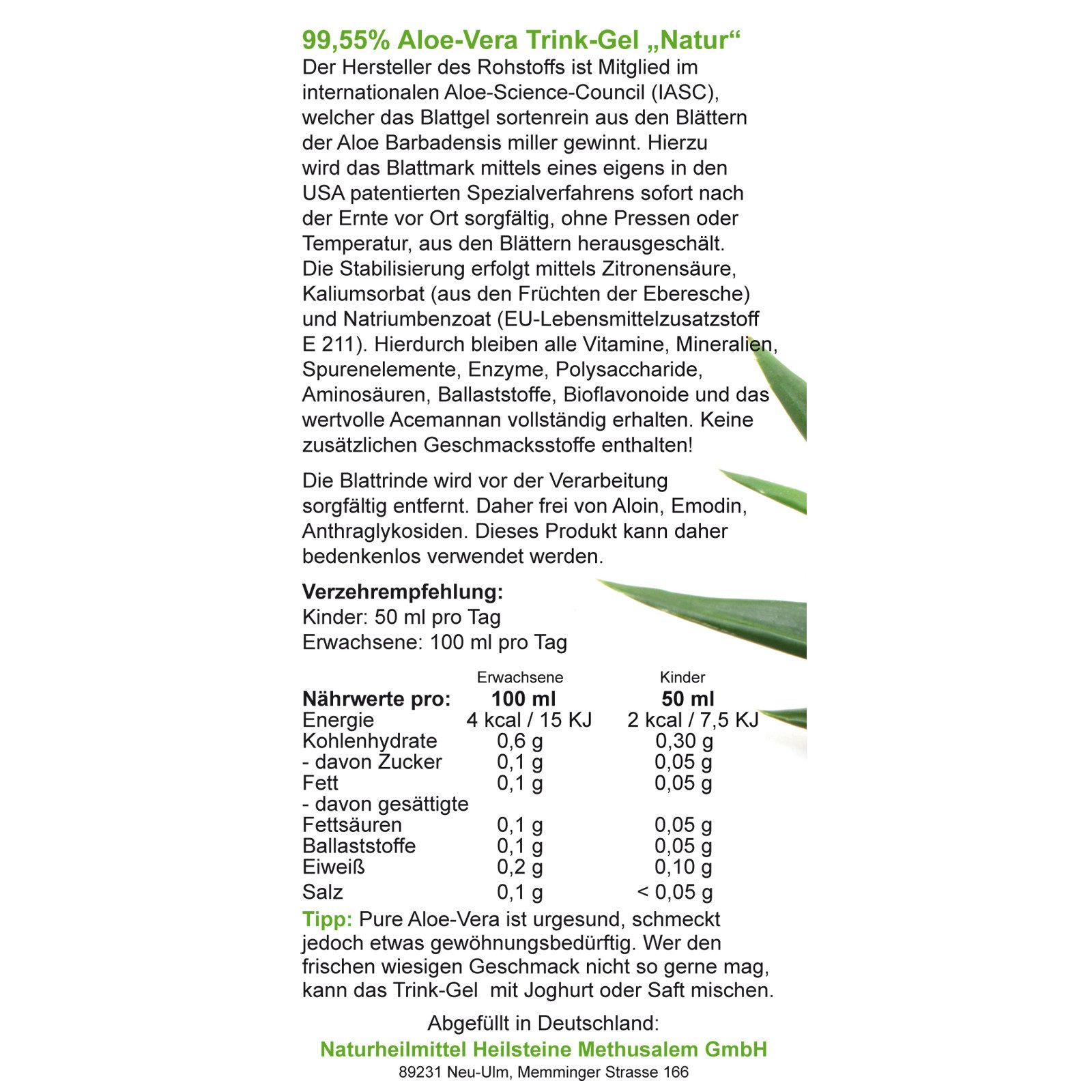 QueenRoyal Aloe Vera 99.55 % Natur pur Barbadensis Miller Getränk Blattgel Trink Gel, 1000 ml, Art. 30035 W