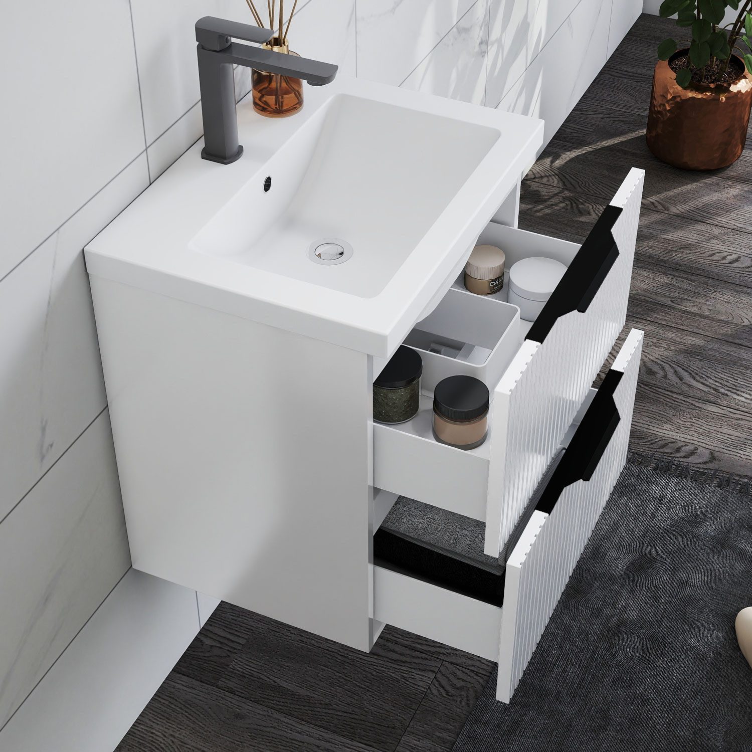 duschspa Waschtisch Waschbecken mit Unterschrank Badmöbel Set Hängeschrank, mit Griffe, 50/60/80/100/120 cm