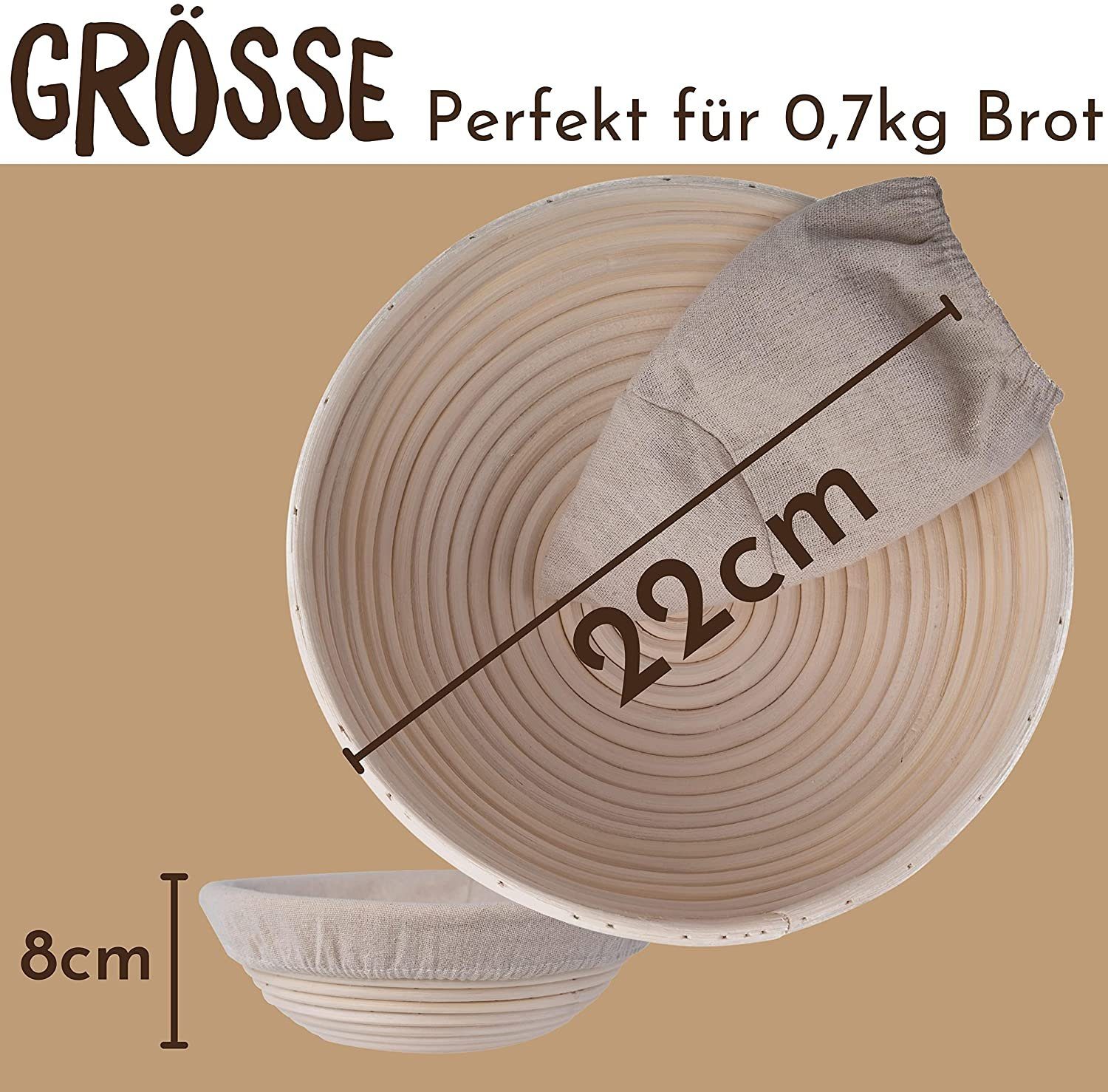 riijk Gärkorb Gärkörbchen inkl. gratis Teigschaber, (Peddigrohr Korb mit waschbarem Leineneinsatz), Brotkorb oder zum gären von Brot – Bild 4 von 5