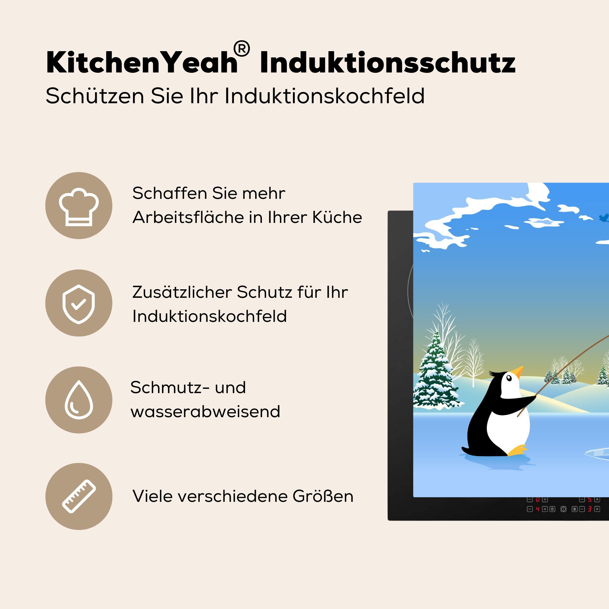 Herdblende-/Abdeckplatte cm, für (1 MuchoWow Arbeitsplatte fischenden Illustration Vinyl, Pinguins, tlg), 78x78 küche eines Ceranfeldabdeckung,