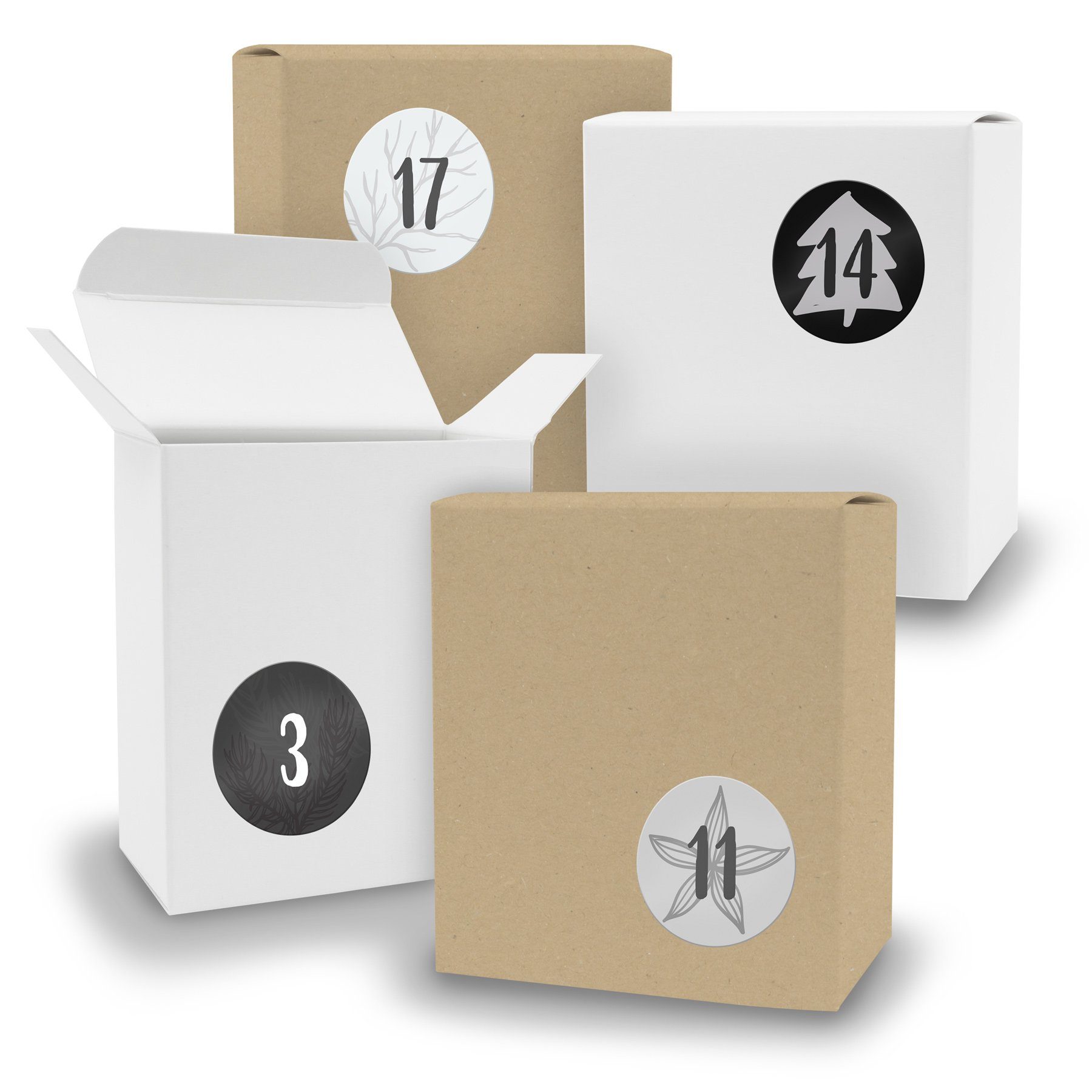 V + 24x Adventskalender gemischt Füllen WEISS befüllbarer Quader itenga zum Adventskalender Sticker BRAUN