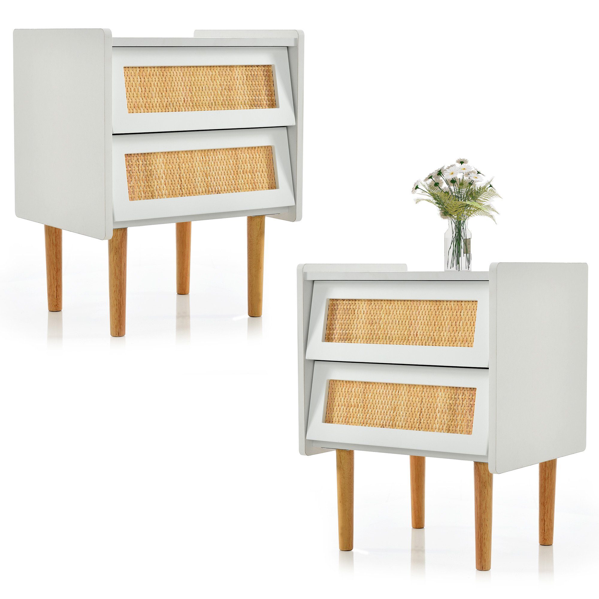Nachttisch (2-St., Beistelltisch Nchtkommode), Nachtschrank mit 2 Schubladen, aus Rattan & Massivholz, 55x43.5x35 cm