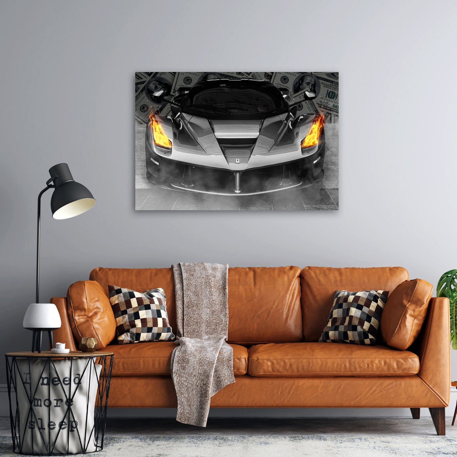 Artedinoi Leinwandbild Sportwagen Silber Geldscheine Dollar-Noten Auto Geld Wandbild Leinwand, Silberner Sportwagen mit Dollar
