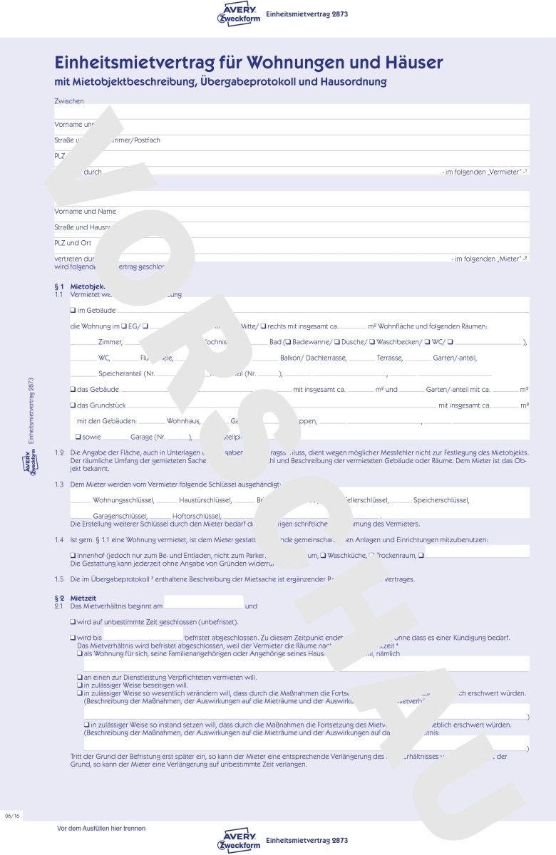 Avery Zweckform Formularblock Einheitsmietvertrag m. Übergabeprotokoll A4