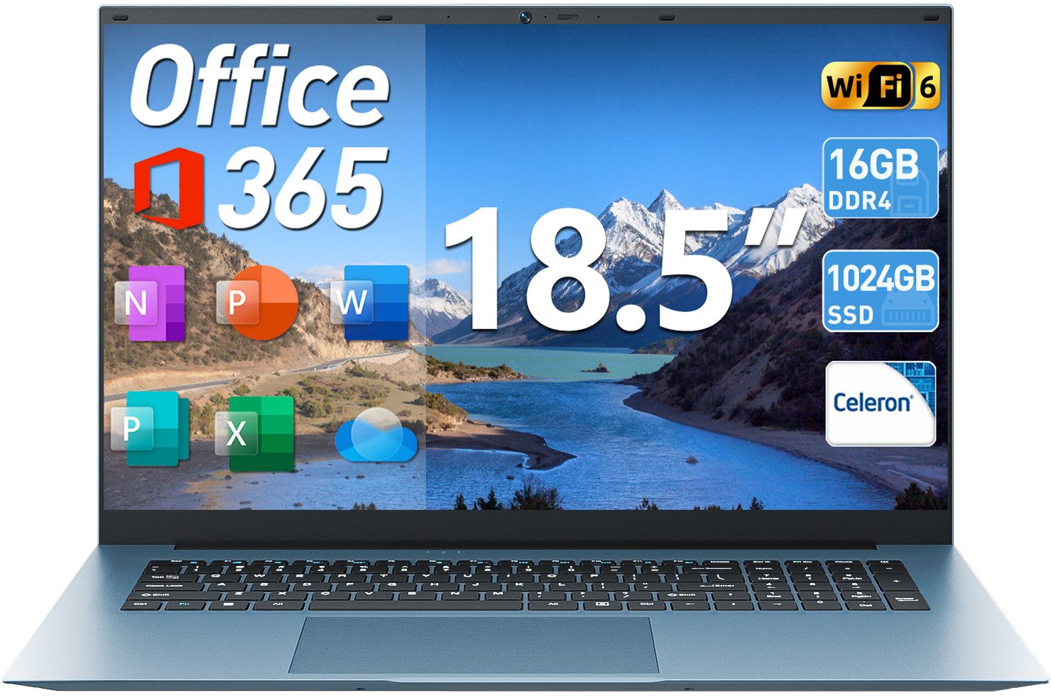 MENGHU 18,5-Zoll FHD Laptop, 16GB RAM 1TB SSD, 1 Jahr Office365, Win 11 Pro Notebook (Intel Celeron N5095A, 1024 GB SSD)