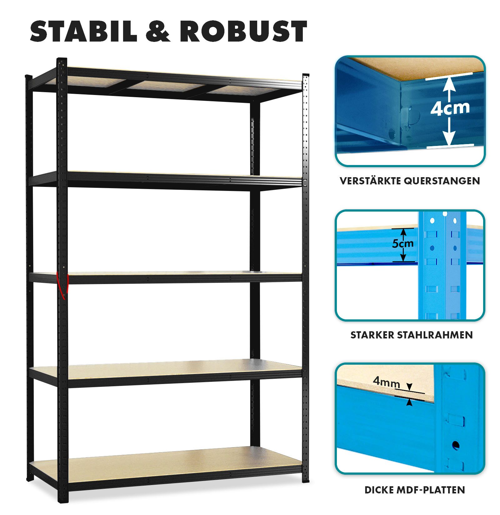 Karat Schwerlastregal Lakota aus Stahl, Belastbar bis 875kg, Aufbau ohne Werkzeug, 5 Böden, Spar-Set 2-tlg., Witterungsbeständig, In- & Outdoor, höhenverstellbare MDF-Böden