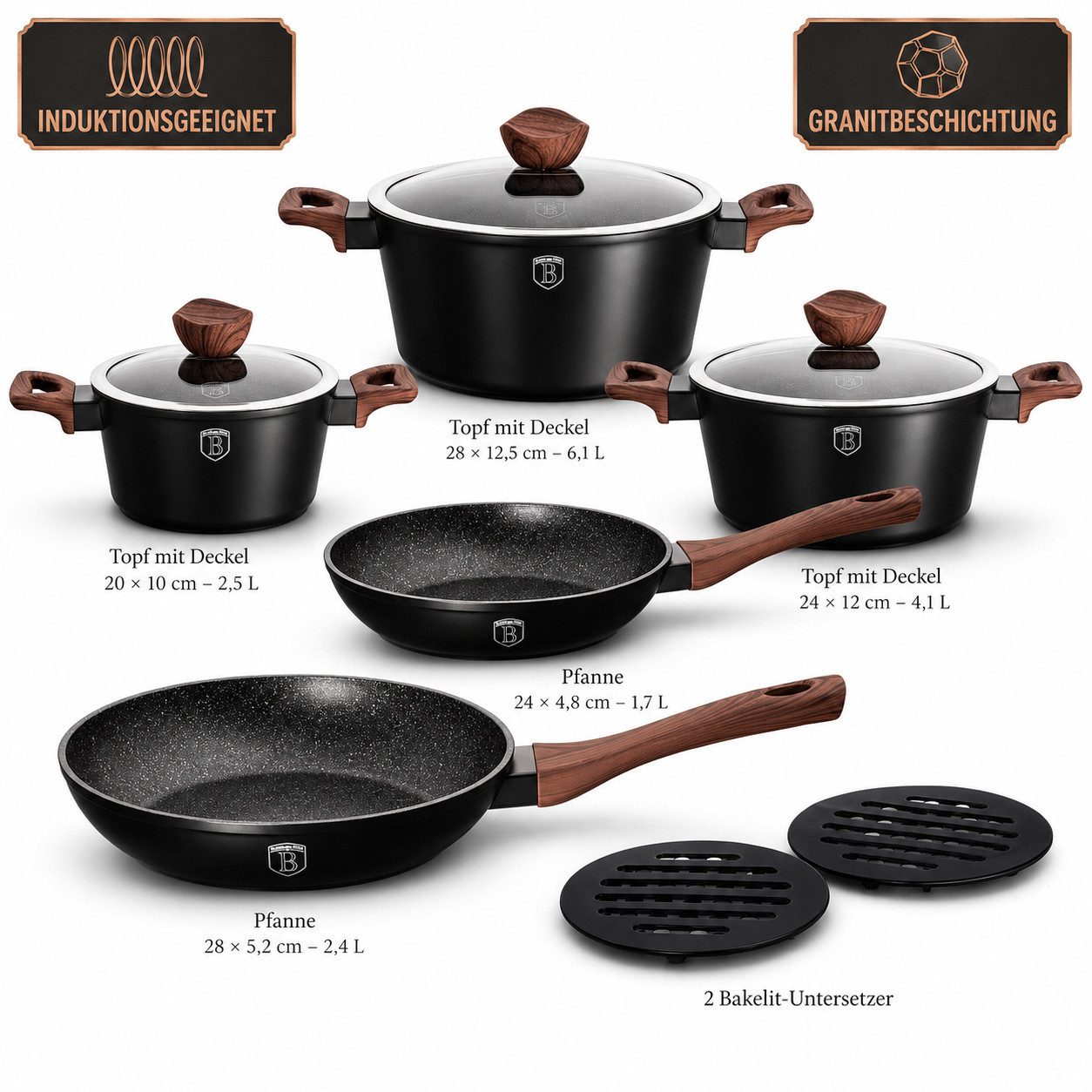 Ertex Topf-Set 10tlg. Set Pfanne Kochtopf, Töpfe, braune Griffe, Kasserolle BH1534, Aluminiumguss, Aluguss Material mit Granit Beschichtung – Bild 4 von 4