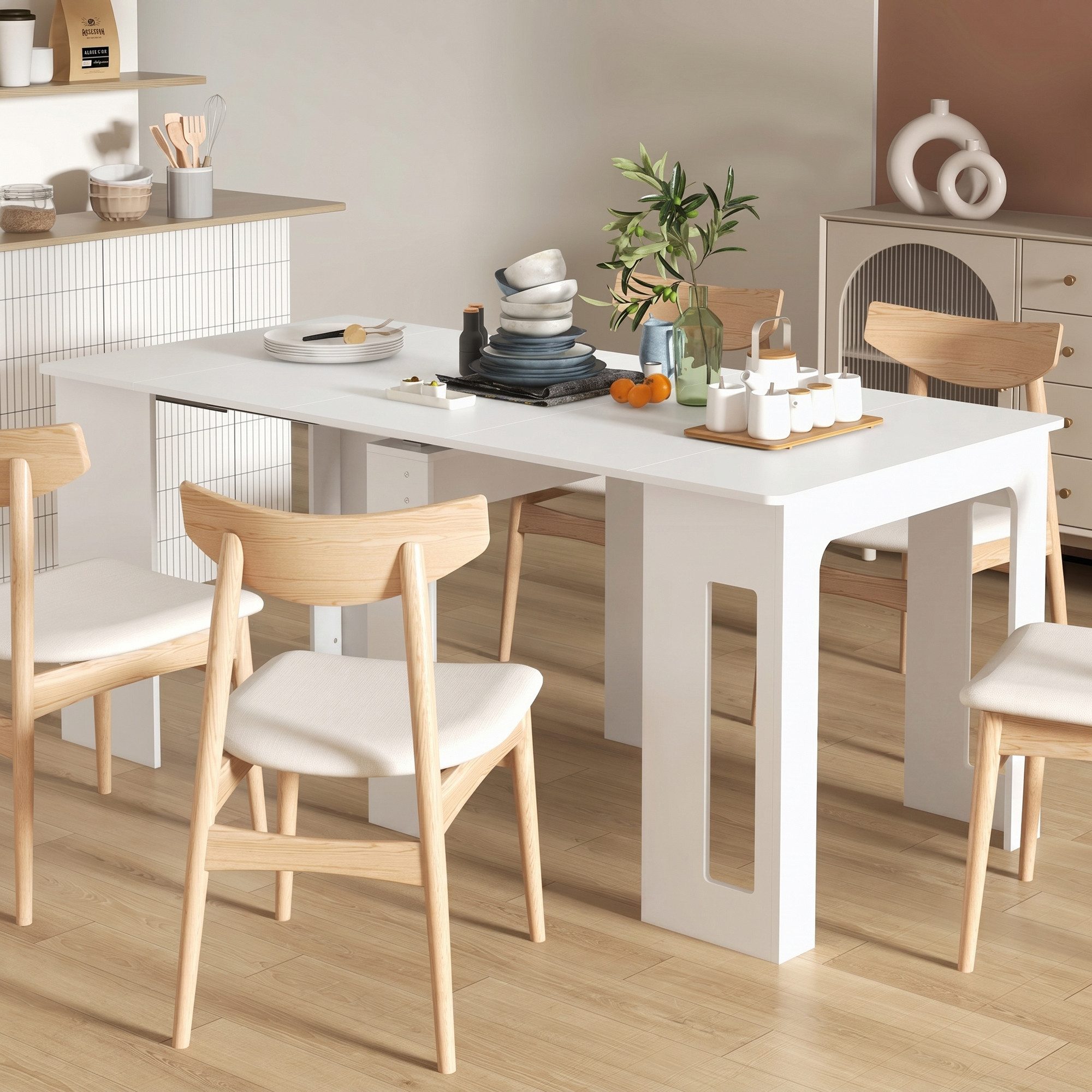 HOMCOM Klapptisch für bis 6 Personen, mit Stahlgleitschienen (Ausziehbar Küchentisch, 1-St., Esstisch), für Wohnzimmer, Esszimmer, Küche, 60-180x85x75 cm, Weiß