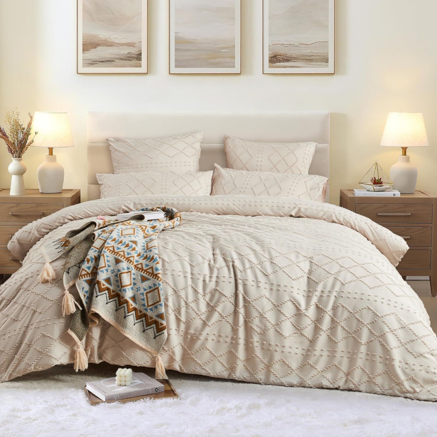 wohnTRAUM24 Bettwäsche Boho Bettwäsche Getuftet 135 x 200 Stickerei Shabby Chic Bettbezug, Microfaser Weiche Bettbezug mit Reißverschluss und Kissenbezug 80x80c – Bild 3 von 5