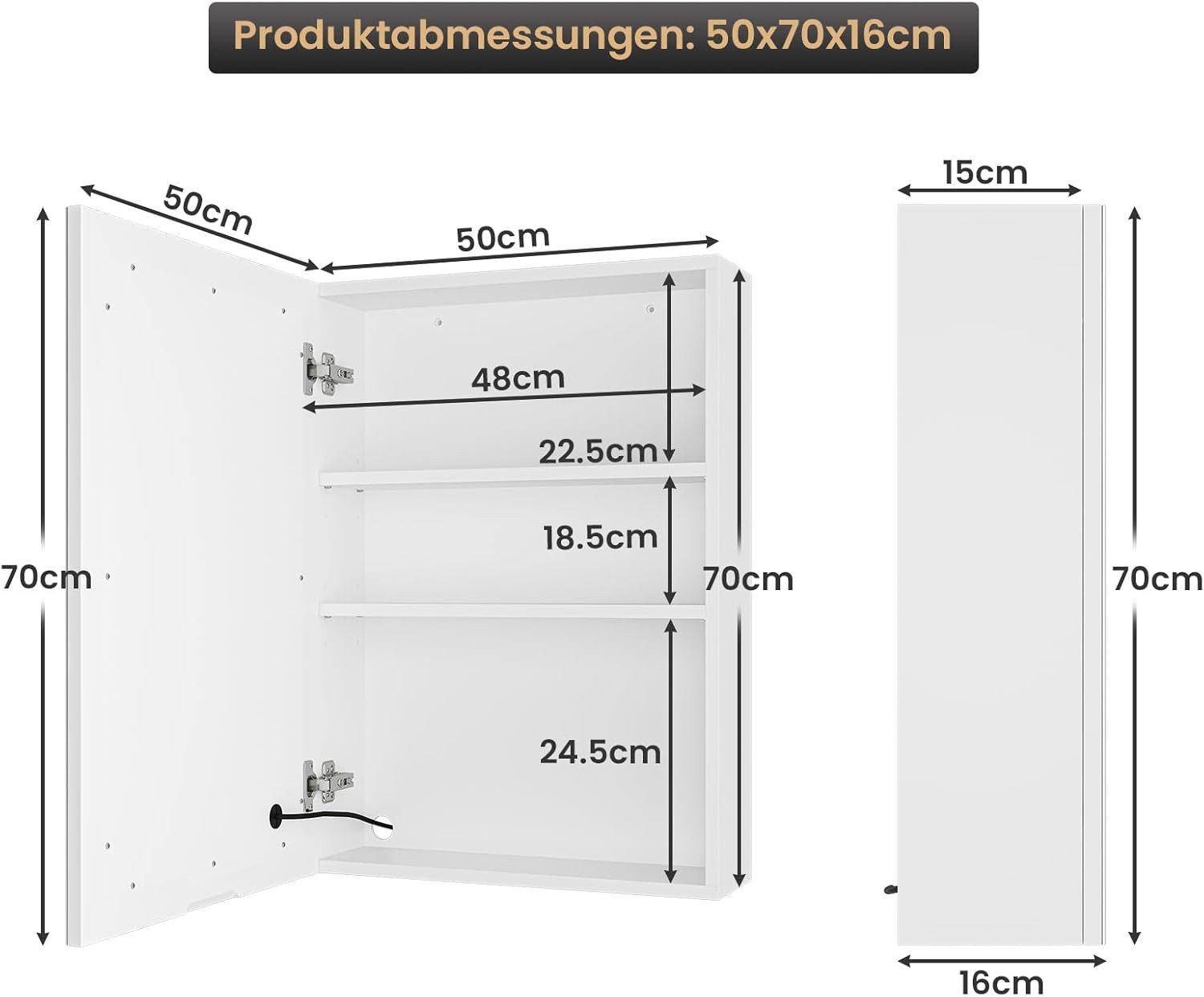 MSMASK Badezimmerspiegelschrank Badschrank mit Led Beleuchtung, Weiß 50x16x70cm