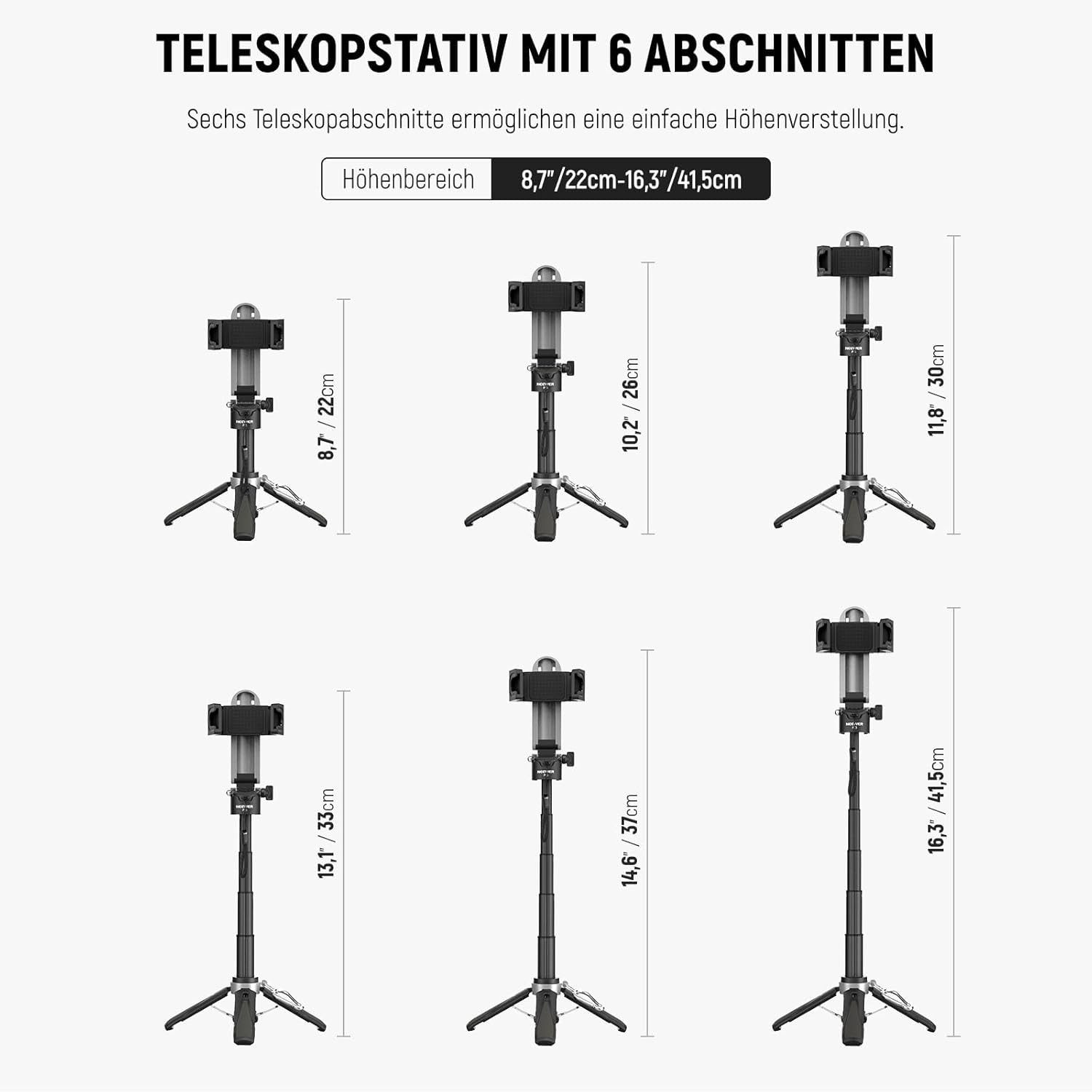 Neewer Selfie-Stick P15 Selfie Stick mit Bluetooth Fernbedienung & Kaltblitzschuh, 360° Handy Halterung, leichtes, faltbares Reisestativ für iPhone Vlogs
