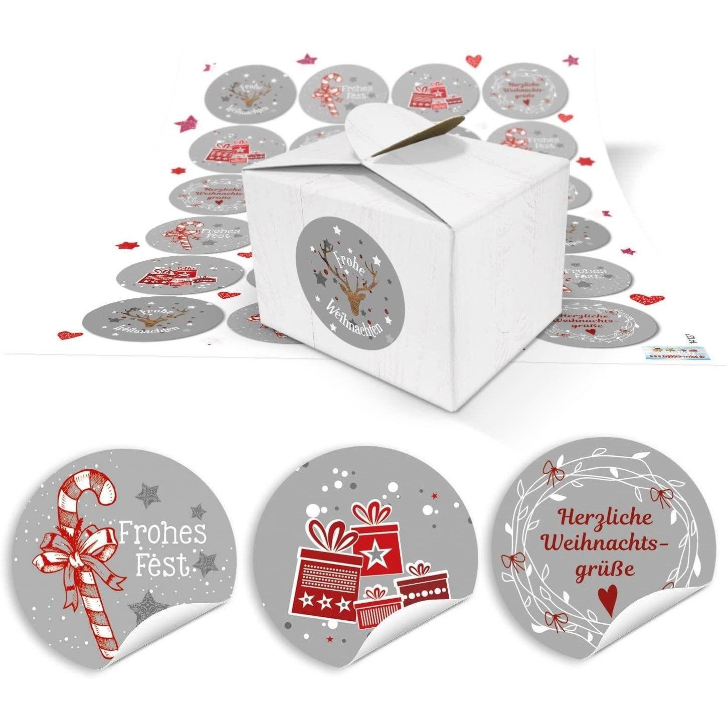 Logbuch-Verlag Aufkleber 24 Geschenkboxen weiß 8 x 6,5 x 5,5 cm mit runden Weihnachtsaufklebern