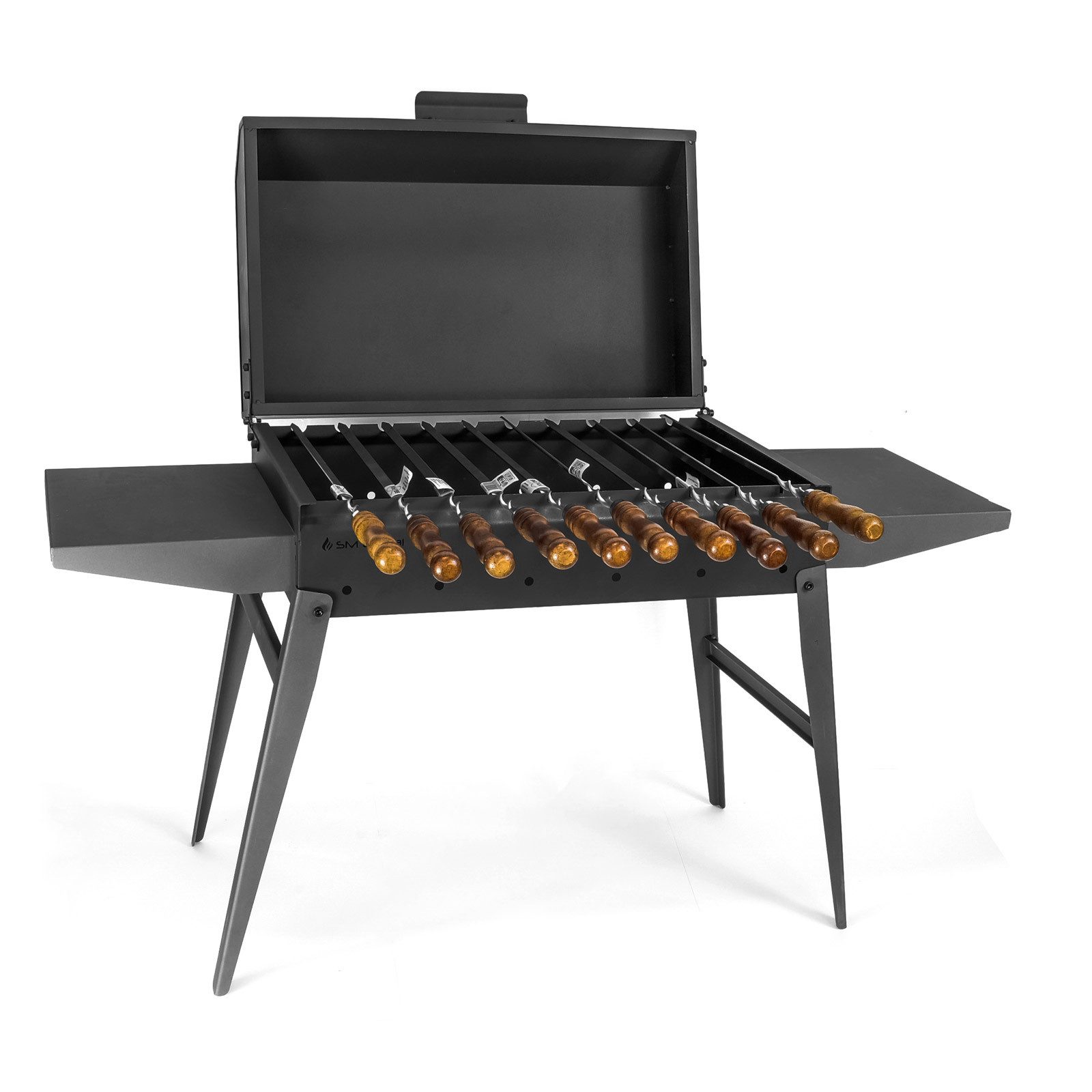 BIG-PAN Grillbesteck-Set Schaschlikgrill Deckel 2 Ablagen 10 Edelstahlspießen BBQ Mangal Grill