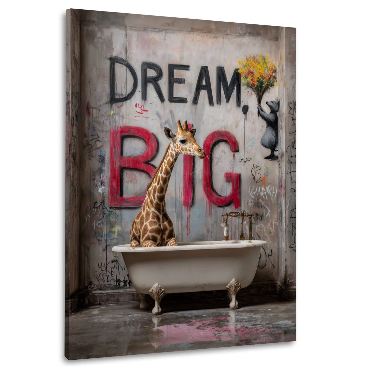 Artedinoi Leinwandbild Graffiti Dream Big Badezimmer mit Giraffe Leinwandbild Wandbild Kunstd, Giraffe im Bad, Dream Big