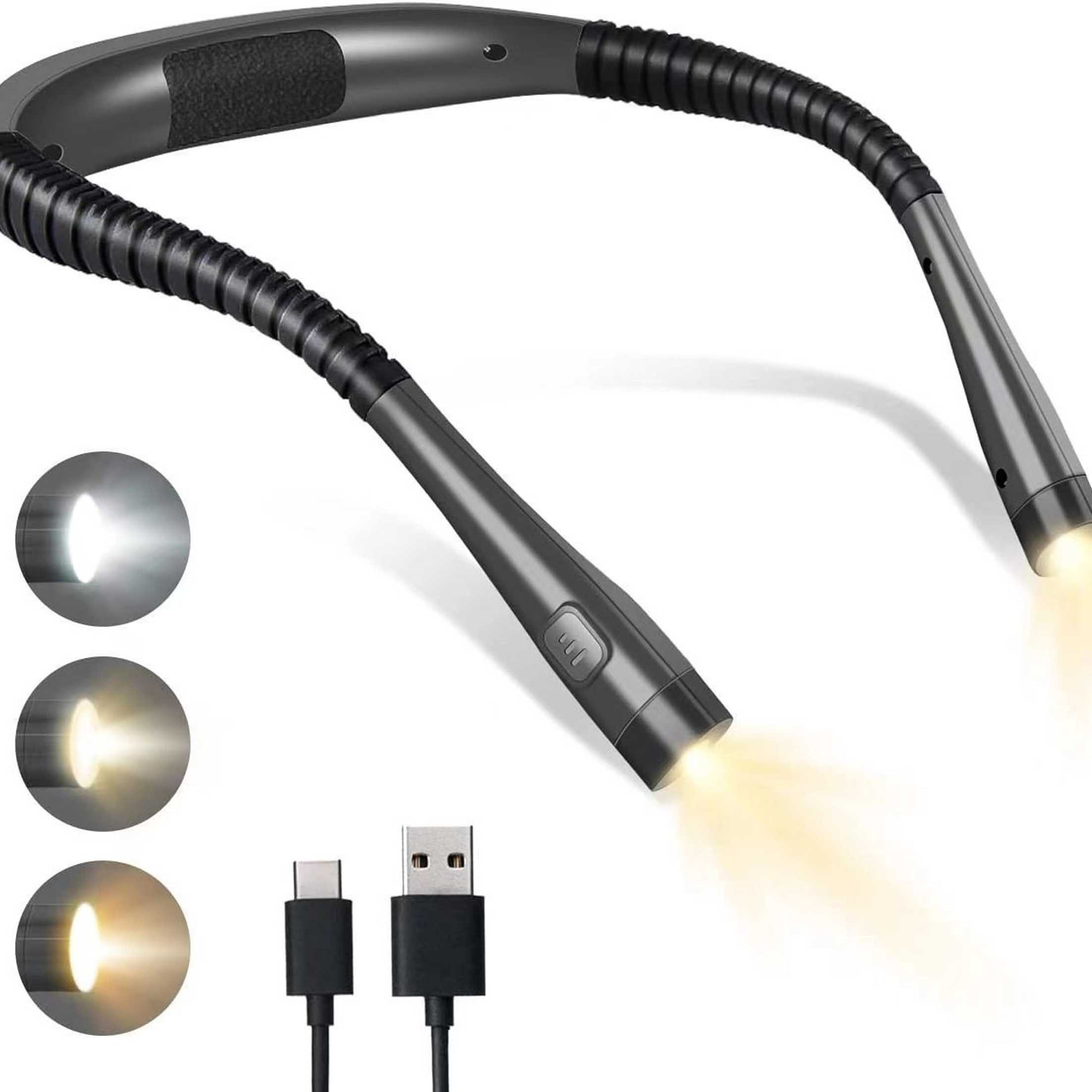 KINSI Klemmleuchten Hals Leselampe, LED Buchlicht USB, 3 Farben 3 Helligkeit, schwarz/grau, LED fest integriert, Lichtfarbe: kaltweiß, warmweiß, gelb