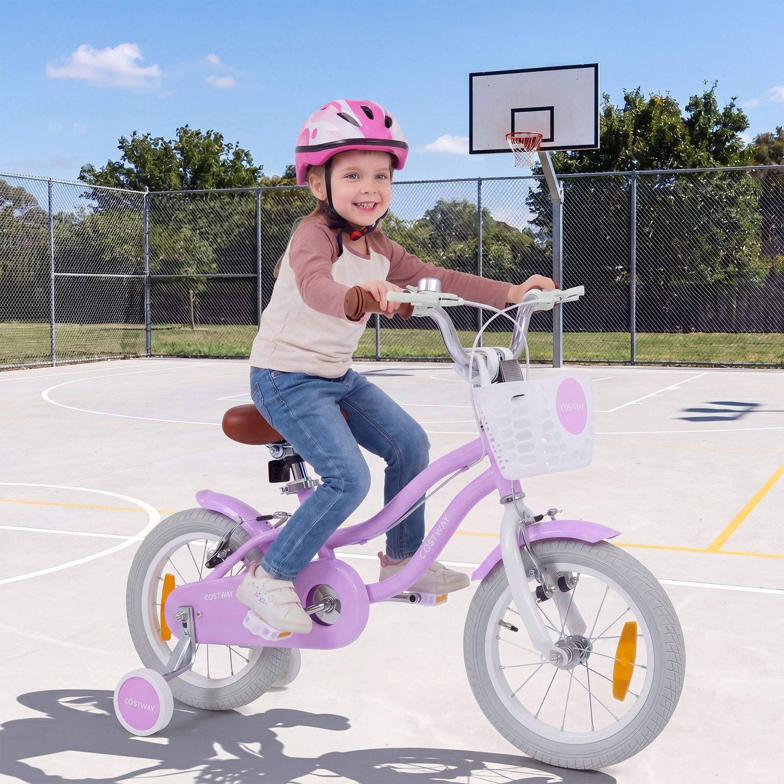 COSTWAY Kinderfahrrad, Mit Korb, Klingel, Doppelbremsen & abnehmbaren Stützrädern
