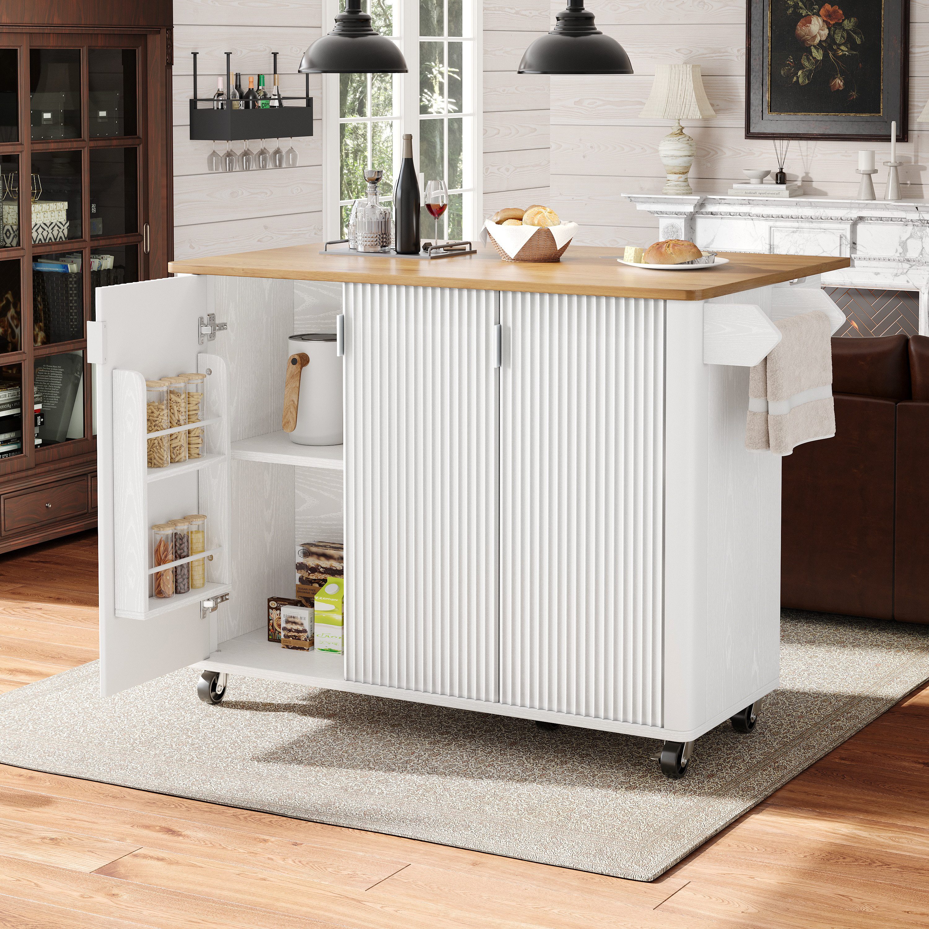 Celya Кухниinsel Кухниinsel, Speisewagen mit Holzmaserung, Ausziehbarer Кухниwagen, (3 Türen, weiß), Buffet, 130x45(75)x92cm, Gewürzregal, Trennwände verstellbar